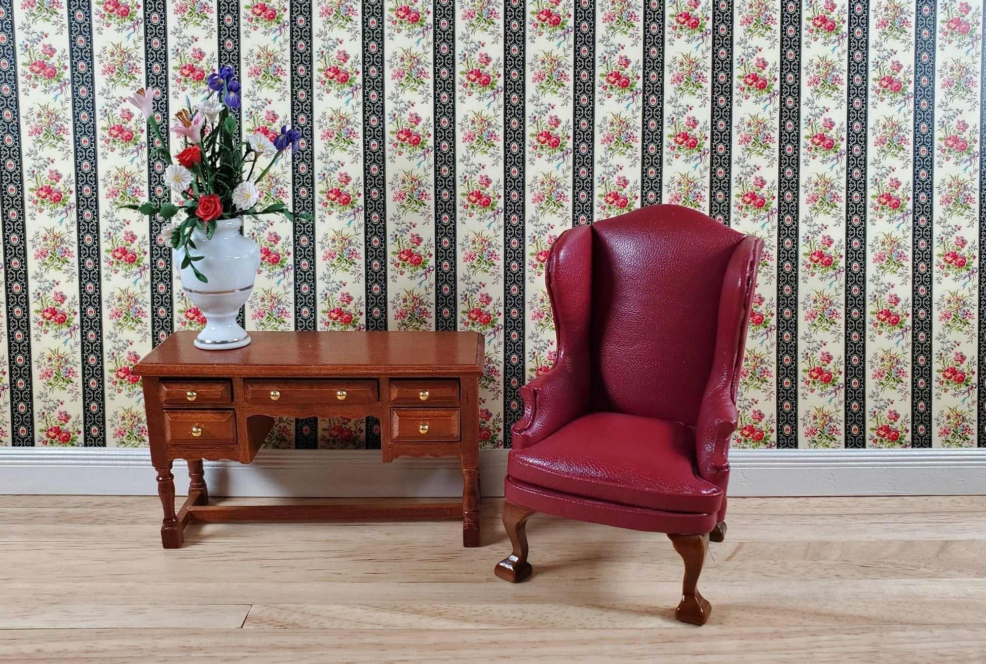 Dollhouse Wallpaper Floral Black Beige Claire Stripe 1:12 Scale by Itsy Bitsy - Miniature Crush