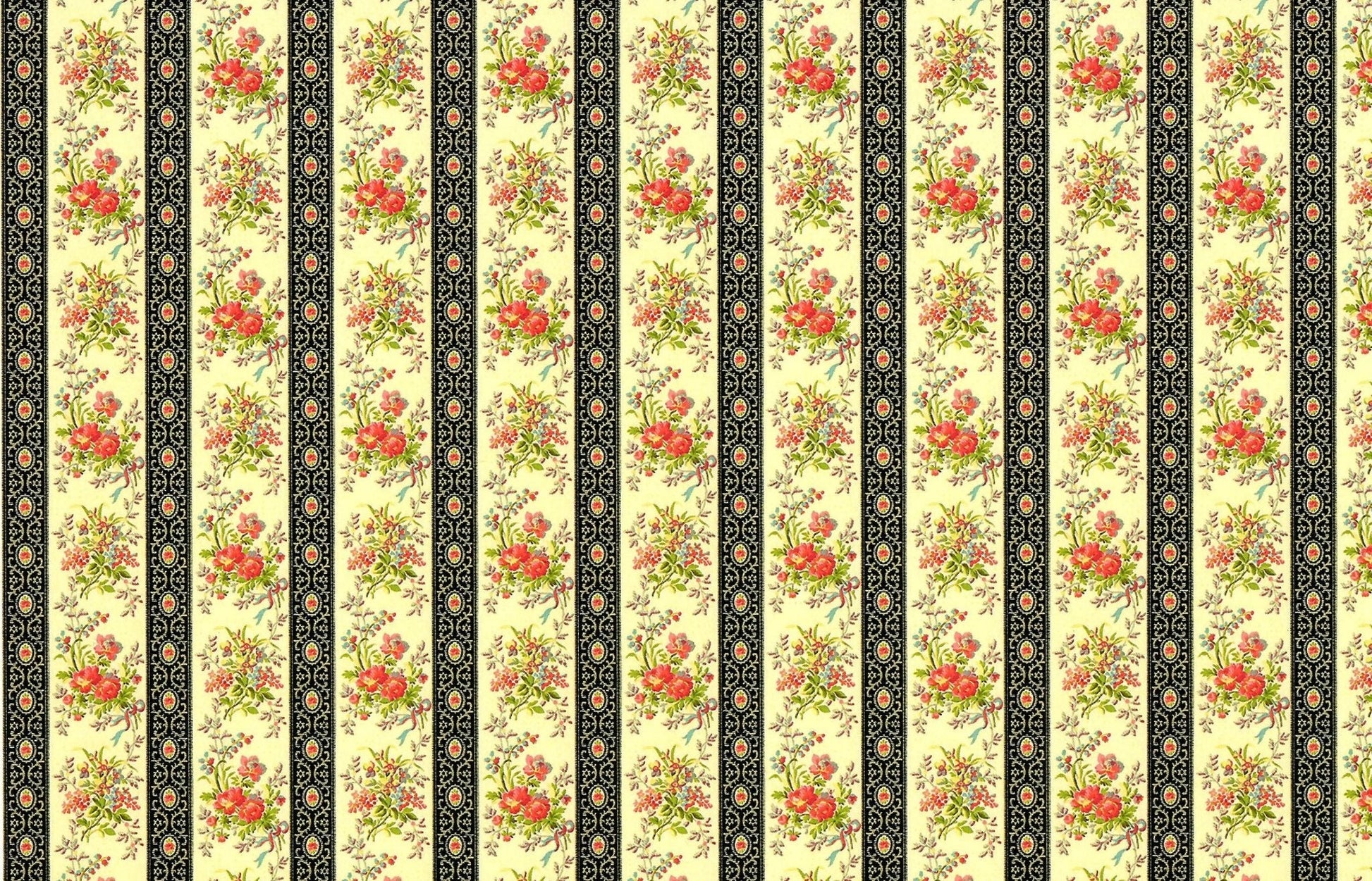 Dollhouse Wallpaper Floral Black Beige Claire Stripe 1:12 Scale by Itsy Bitsy - Miniature Crush