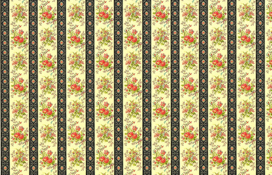 Dollhouse Wallpaper Floral Black Beige Claire Stripe 1:12 Scale by Itsy Bitsy - Miniature Crush