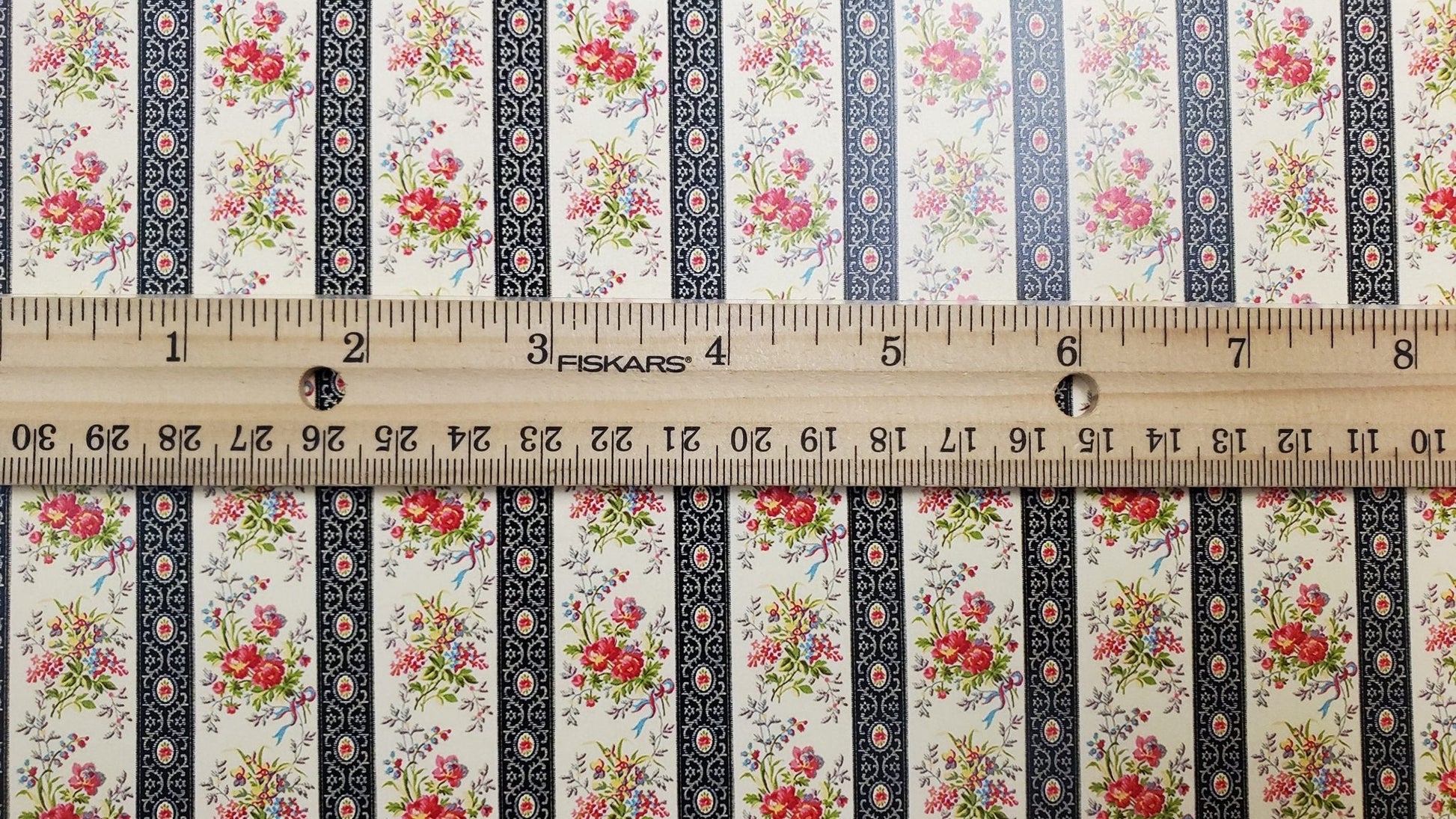 Dollhouse Wallpaper Floral Black Beige Claire Stripe 1:12 Scale by Itsy Bitsy - Miniature Crush