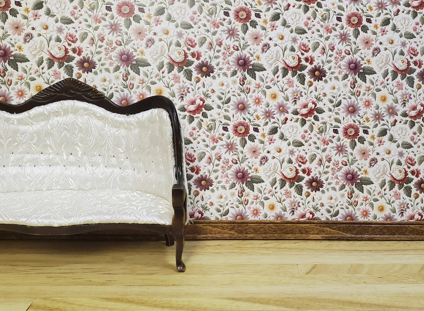 Dollhouse Wallpaper Flower Garden Pink Purple Cream 1:12 Scale MiniatureCrush - Miniature Crush