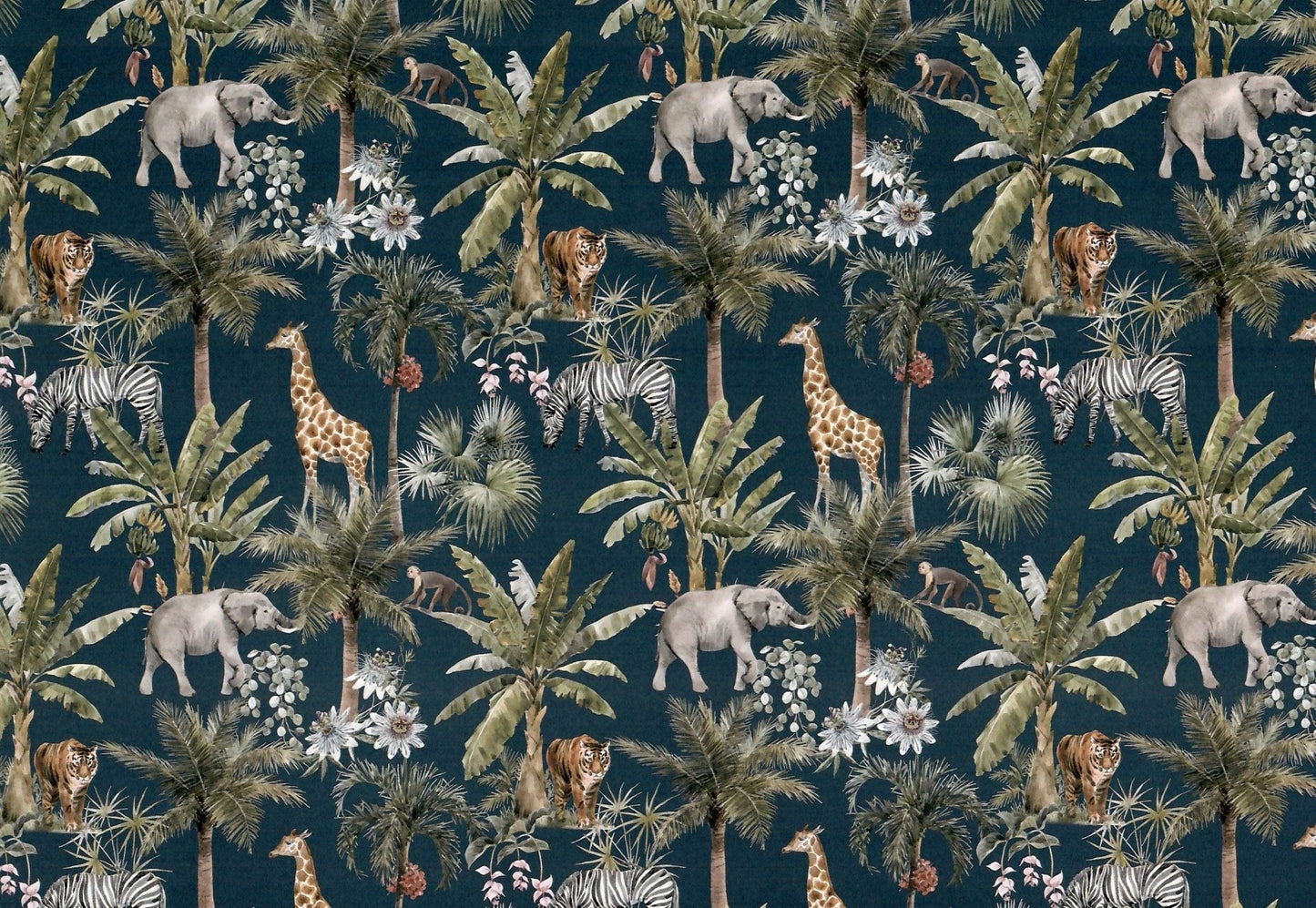 Dollhouse Wallpaper Jungle Print Elephants Tigers Zebras Navy Blue 3 Sheets - Miniature Crush