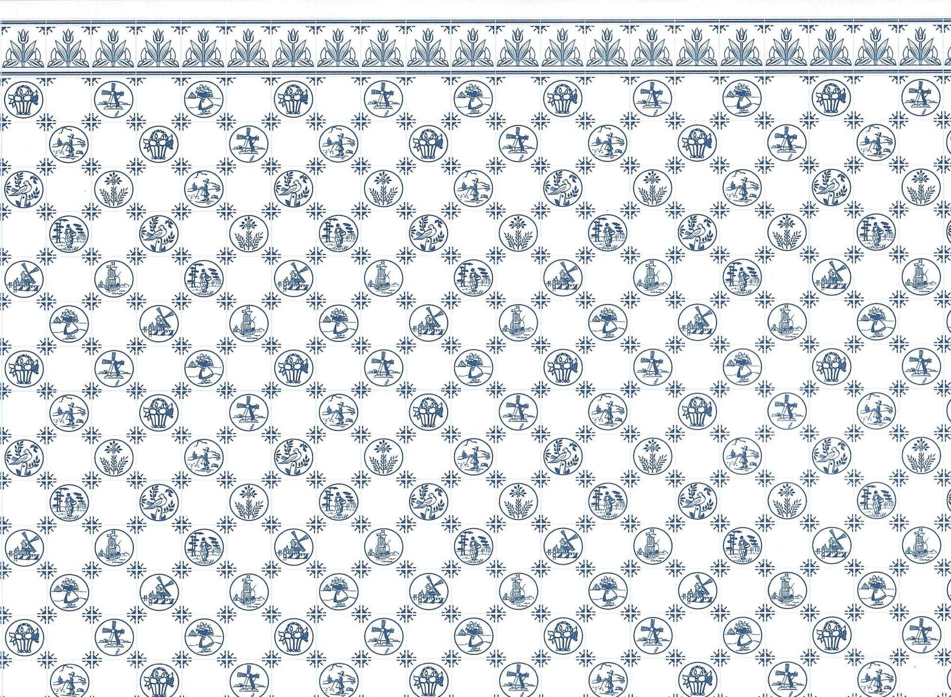 Dollhouse Wallpaper Kitchen "Dutch Tile" Delft Style 1:12 Scale Blue & White Tulip Border - Miniature Crush