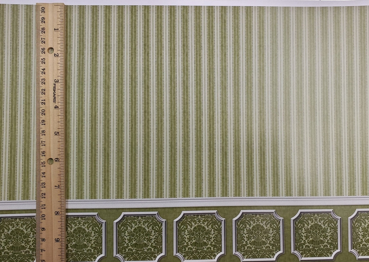 Dollhouse Wallpaper Olive Green Striped Annabelle Wainscot 1:12 Scale Itsy Bitsy - Miniature Crush