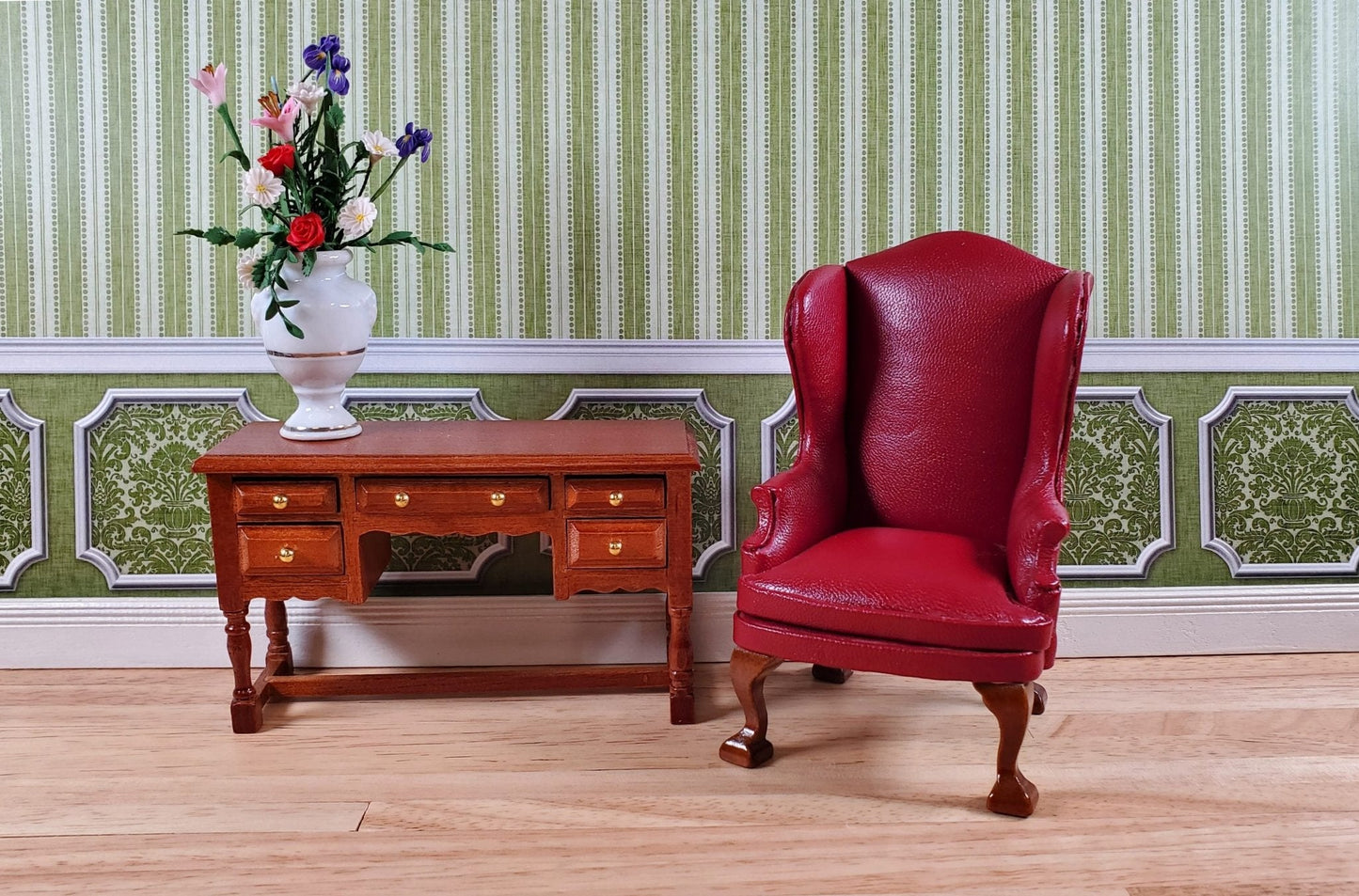 Dollhouse Wallpaper Olive Green Striped Annabelle Wainscot 1:12 Scale Itsy Bitsy - Miniature Crush
