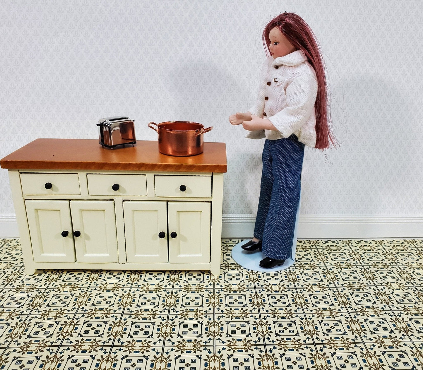 Dollhouse Wallpaper or Floor Tile Cream Brown Blue 1:12 Scale MiniatureCrush Exclusive - Miniature Crush