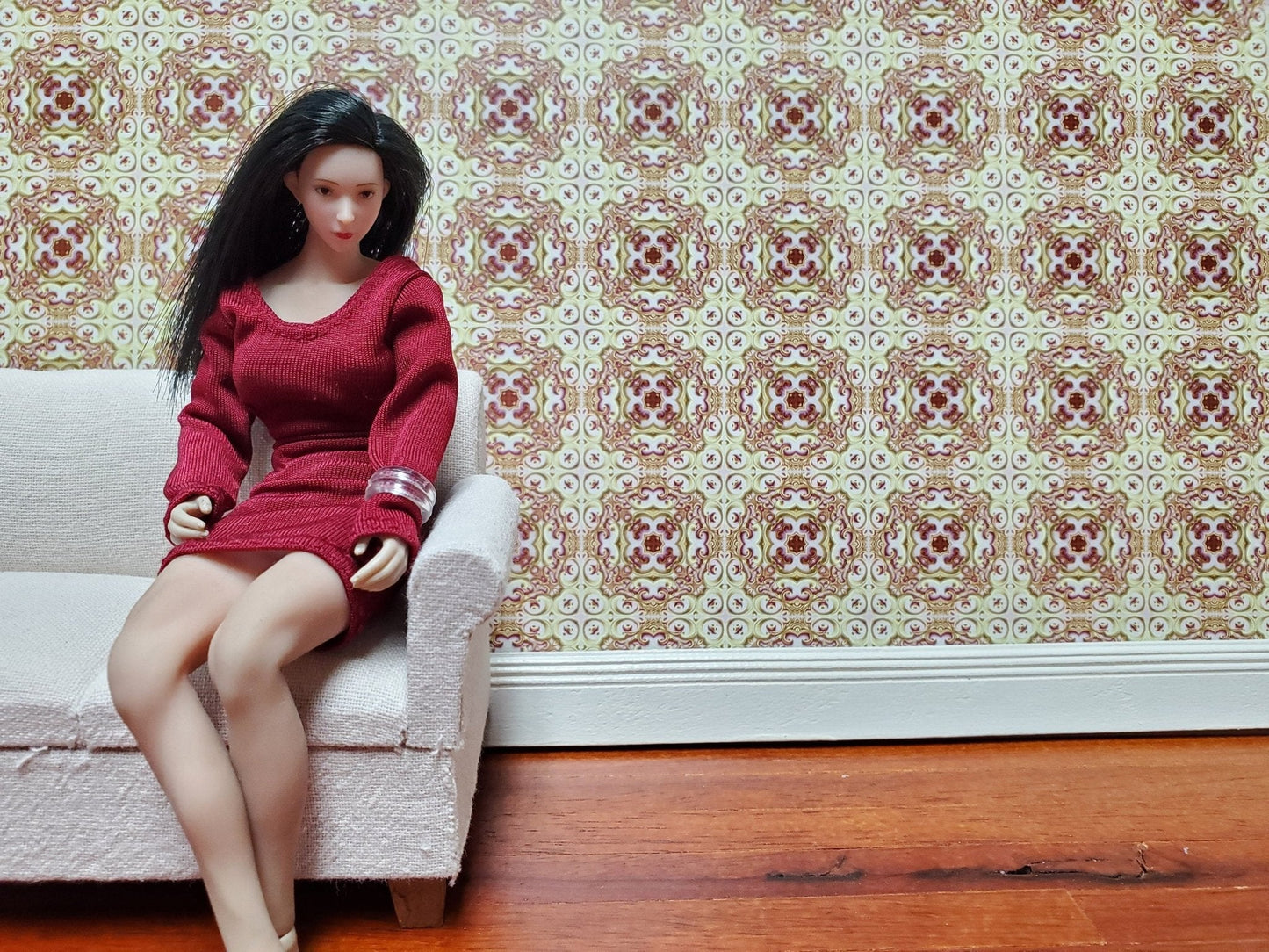 Dollhouse Wallpaper or Floor Tile Cream Maroon Gold Pink 1:12 Scale MiniatureCrush Exclusive - Miniature Crush