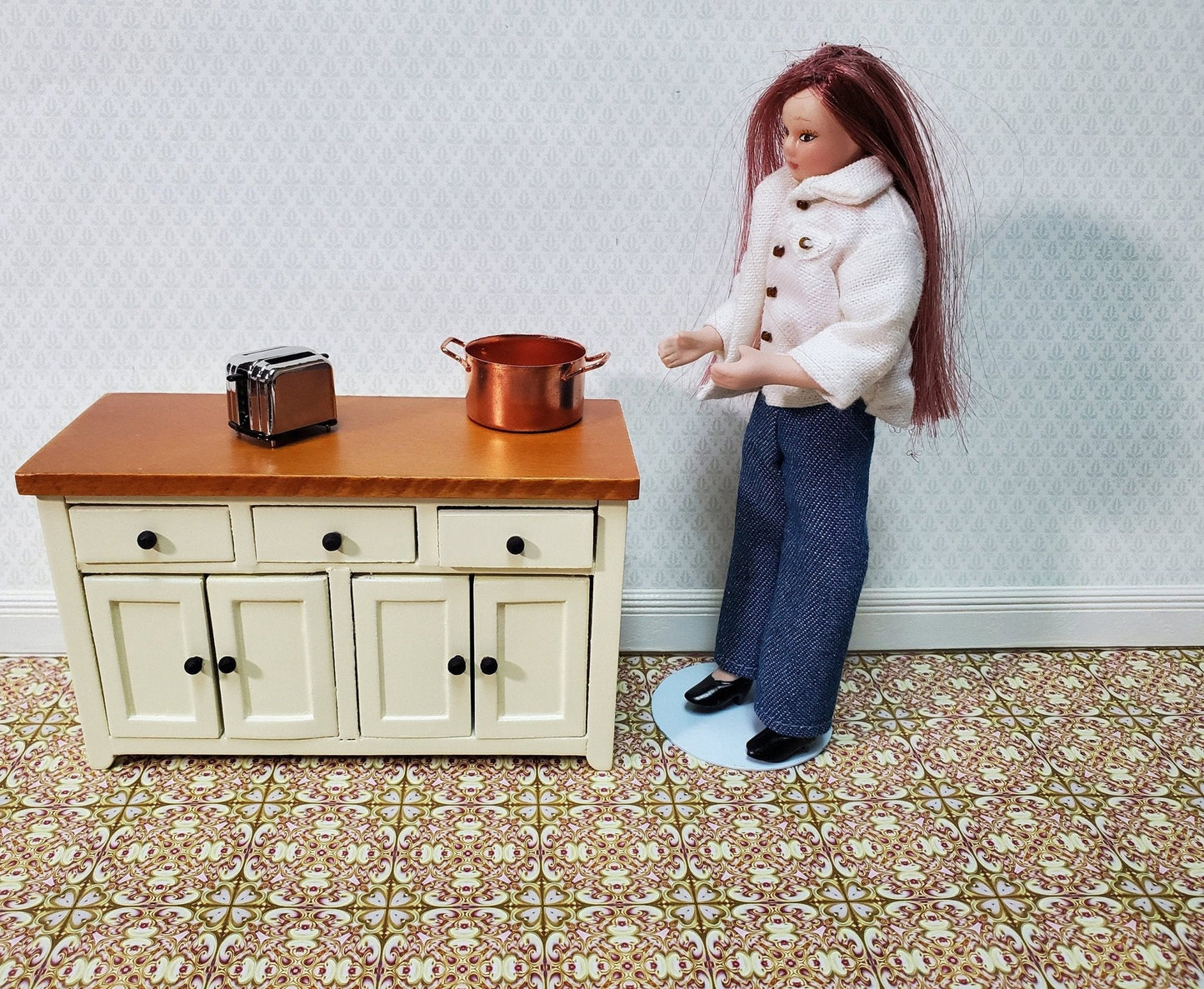 Dollhouse Wallpaper or Floor Tile Cream Maroon Olive Green Pink 1:12 Scale MiniatureCrush Exclusive - Miniature Crush