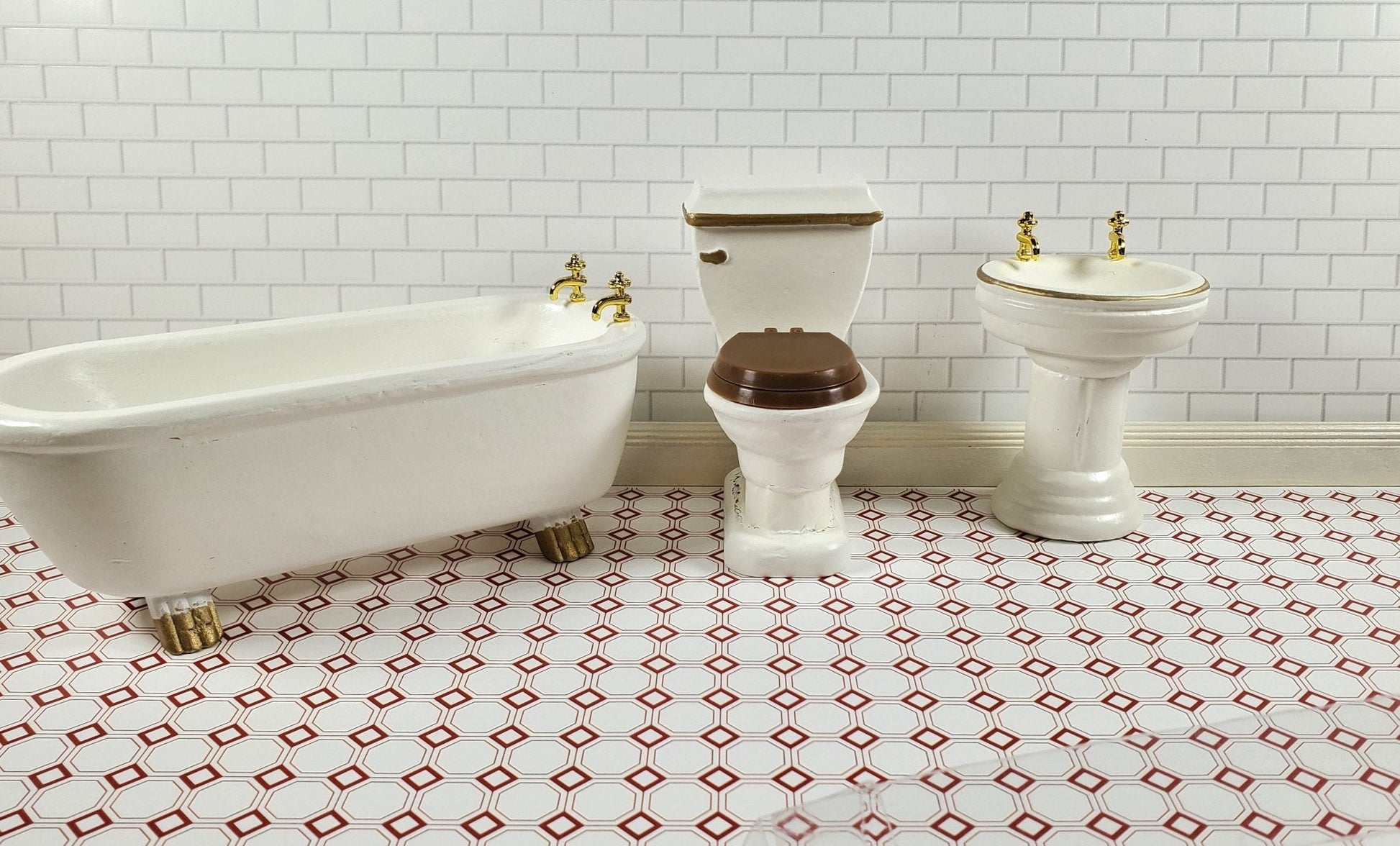 Dollhouse Wallpaper or Flooring Dark Red & White Octagons 1:12 Scale Itsy Bitsy - Miniature Crush