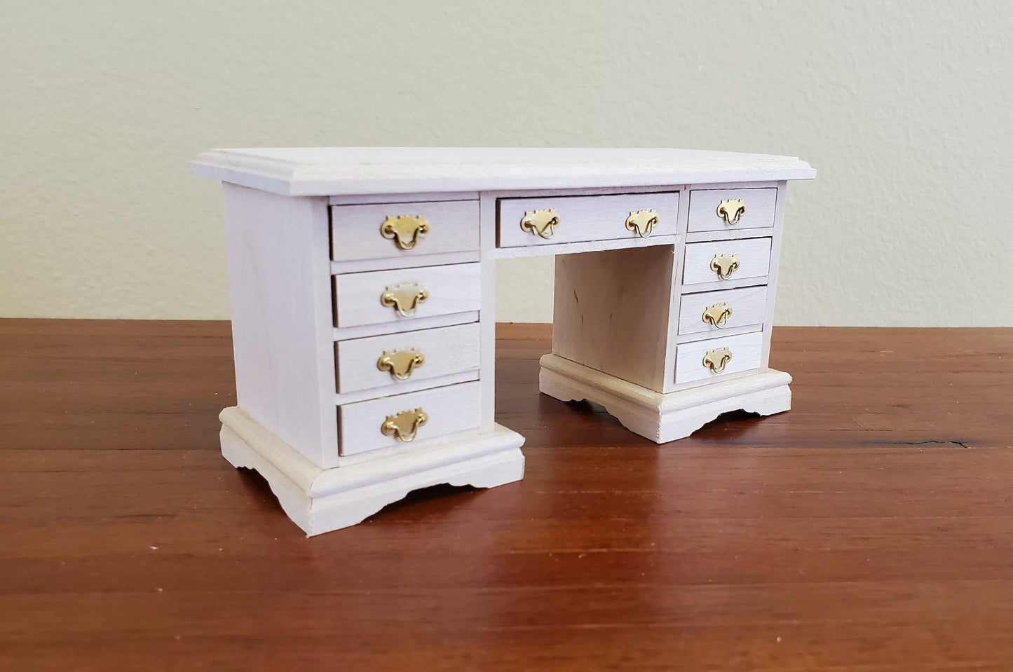 Dollhouse Miniature Kneehole Writing Desk with Drawers 1:12 Scale Furniture Barewood