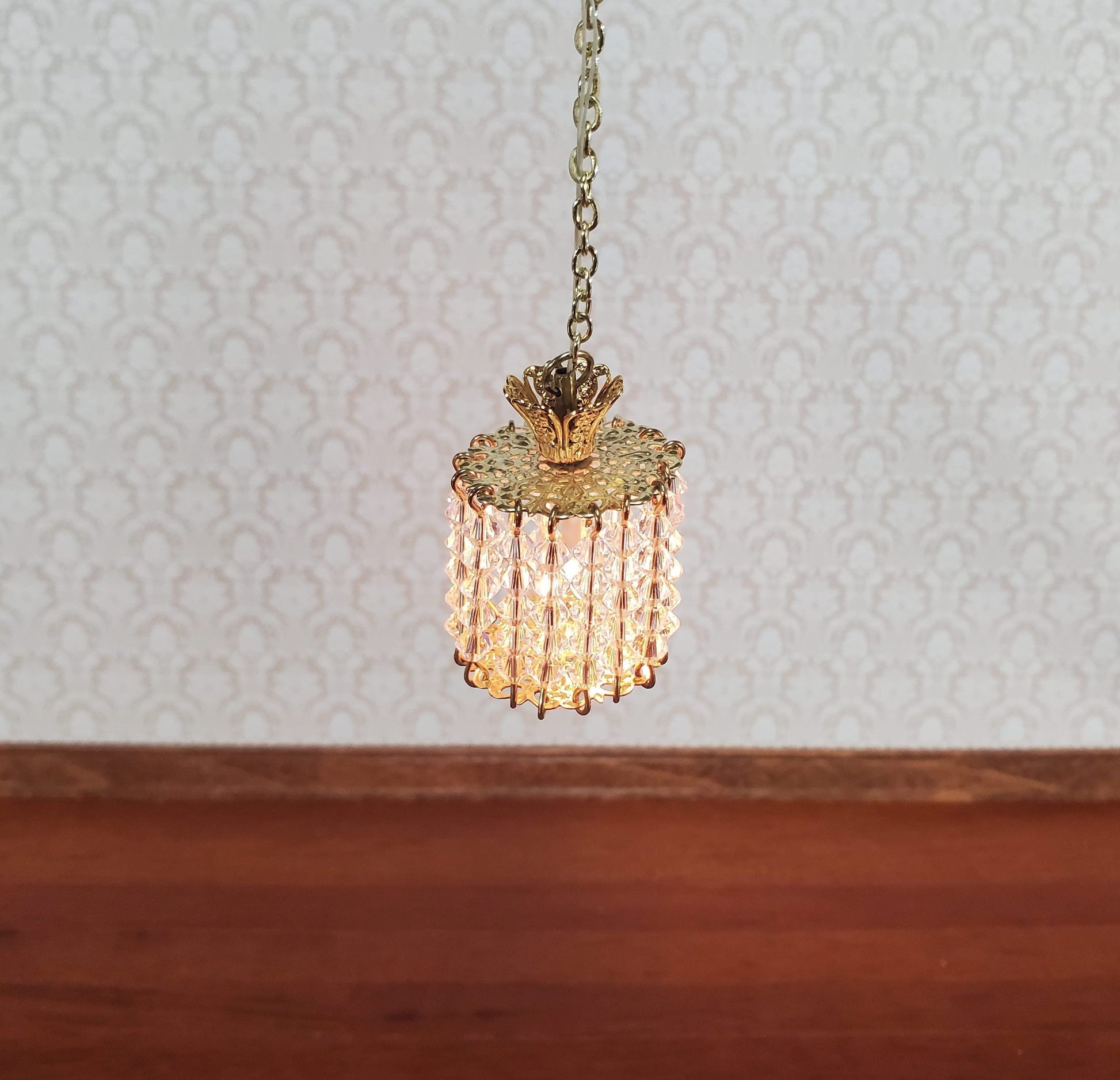 Dollhouse Ceiling Light Real Glass Crystals "Drum Lamp" 12 Volt 1:12 Scale Miniature