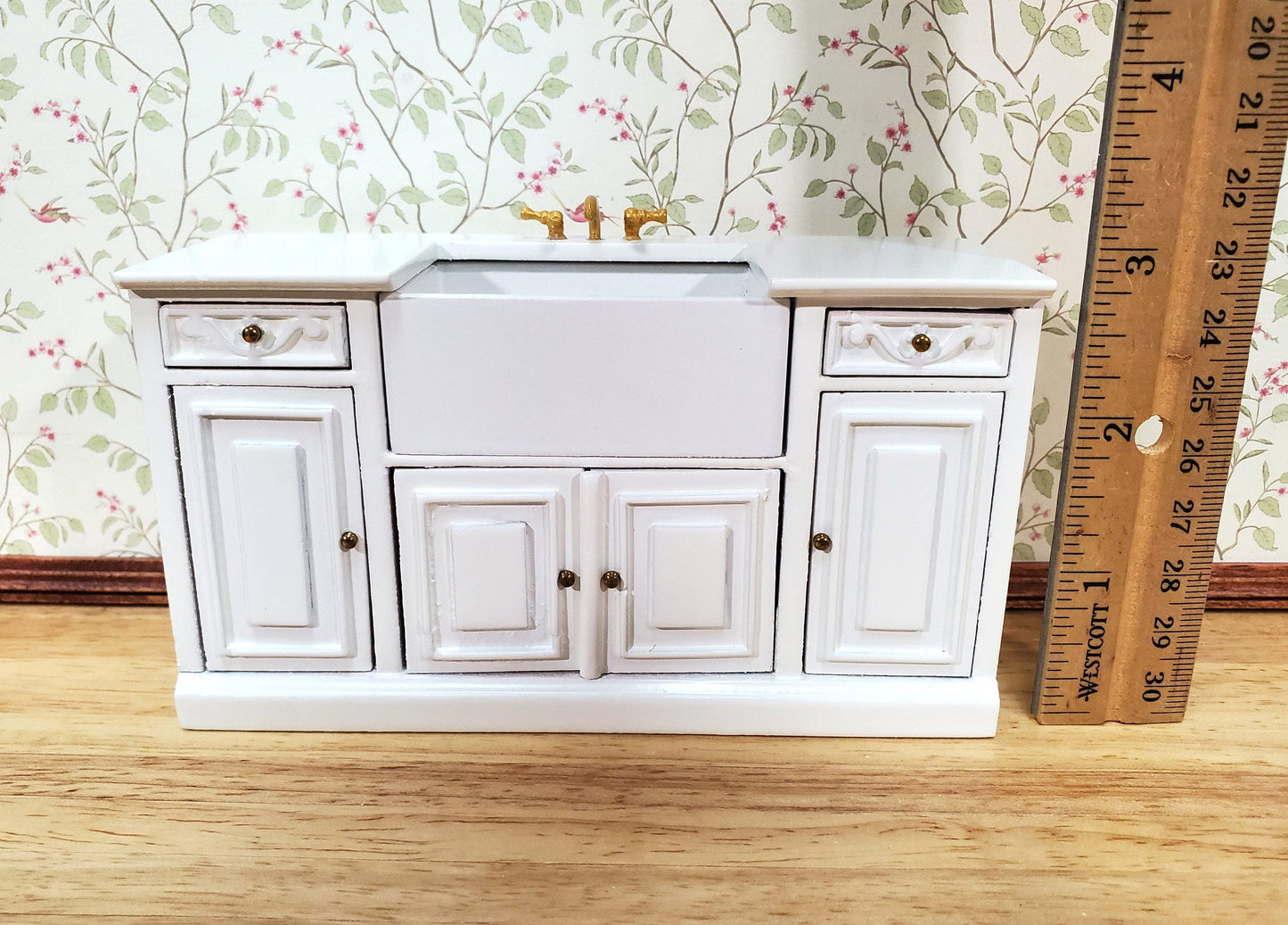 Dollhouse Kitchen Sink Farmhouse Cabinet Style White 1:12 Scale Miniature