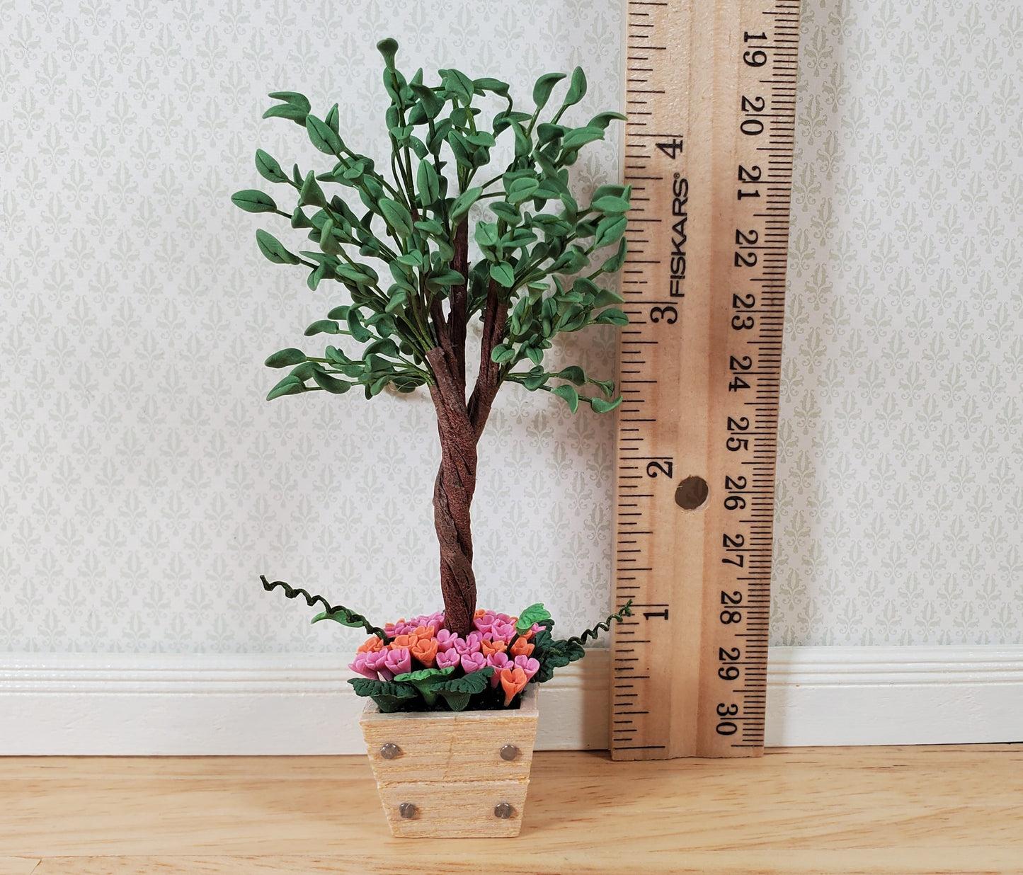 Dollhouse Large Ficus Tree in Square Wooden Flower Planter 1:12 Scale Miniature