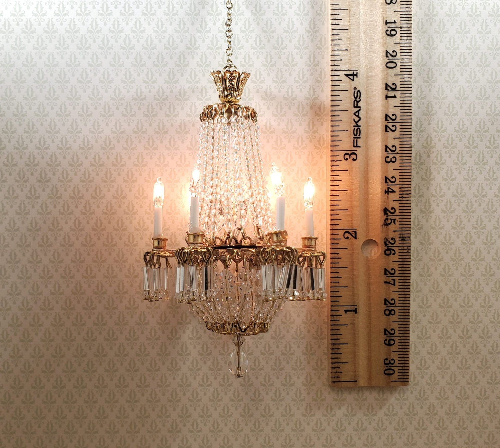 Dollhouse Crystal Chandelier Grand 6 Arm Real Glass 12 Volt 1:12 Scale Miniature