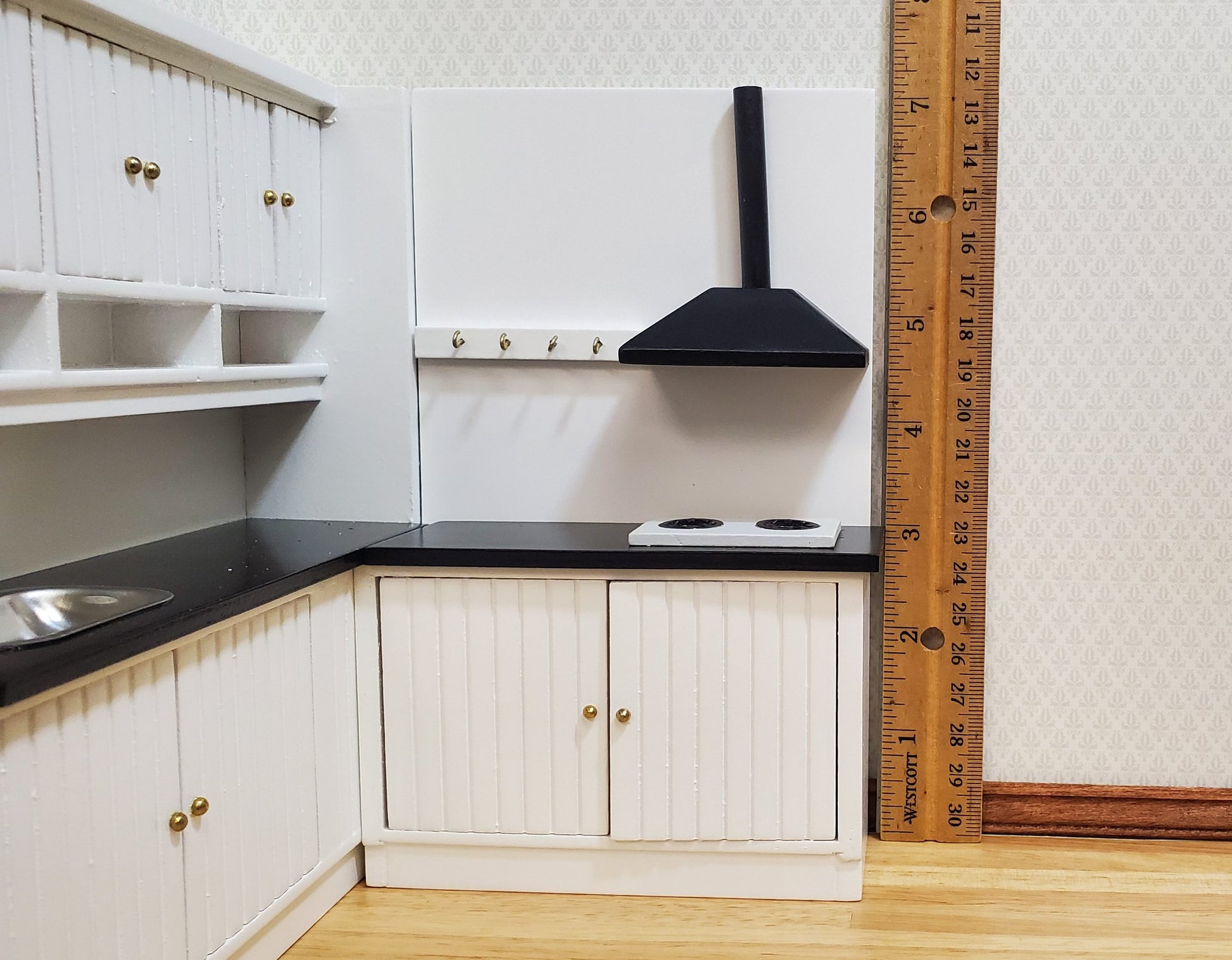 Dollhouse Corner Kitchen Set WHITE Sink Stove Top Cabinets 1:12 Scale Miniature