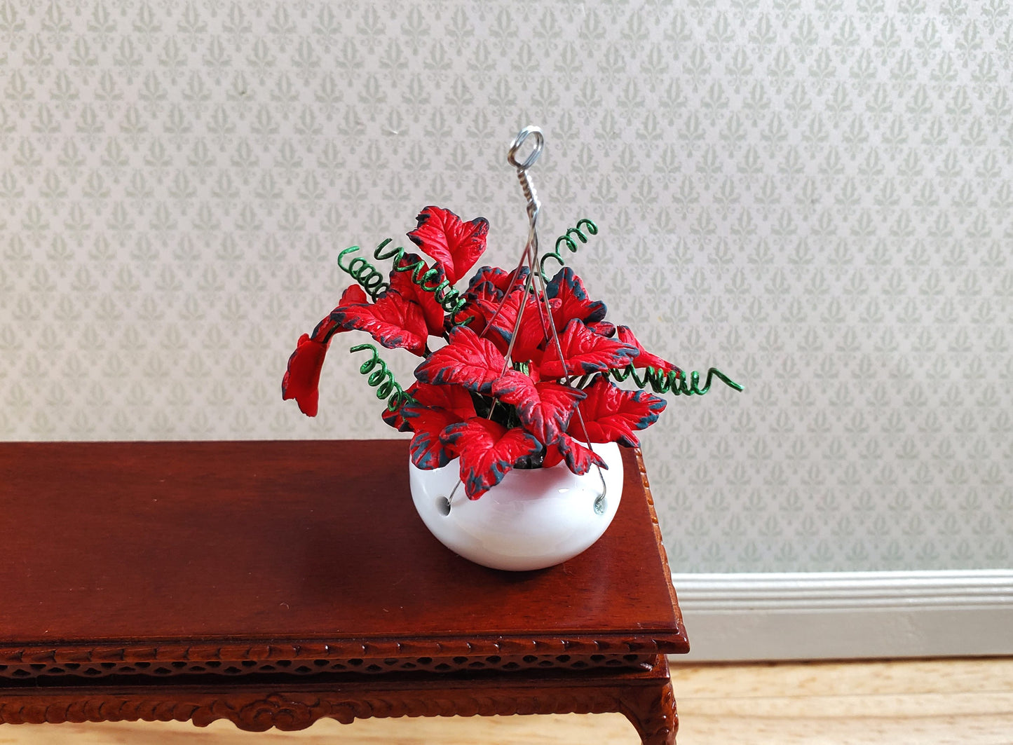 Dollhouse Red Coleus Plant in a Hanging Planter 1:12 Scale Miniature Garden