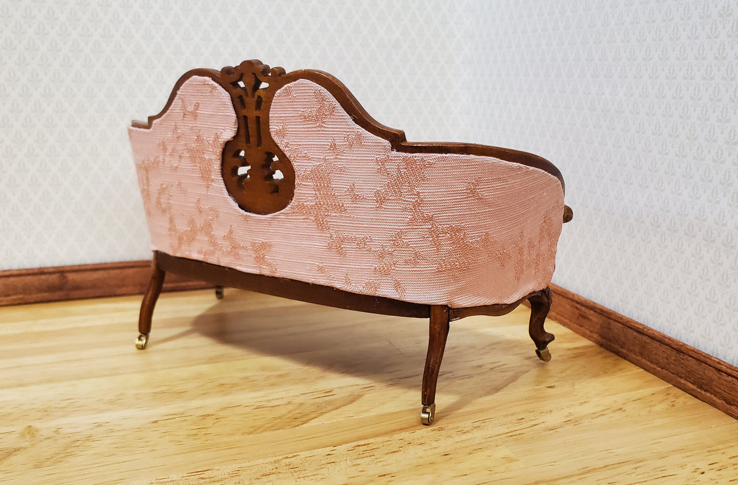 JBM Dollhouse Pink Settee Sofa Victorian Style Walnut Finish 1:12 Scale Couch