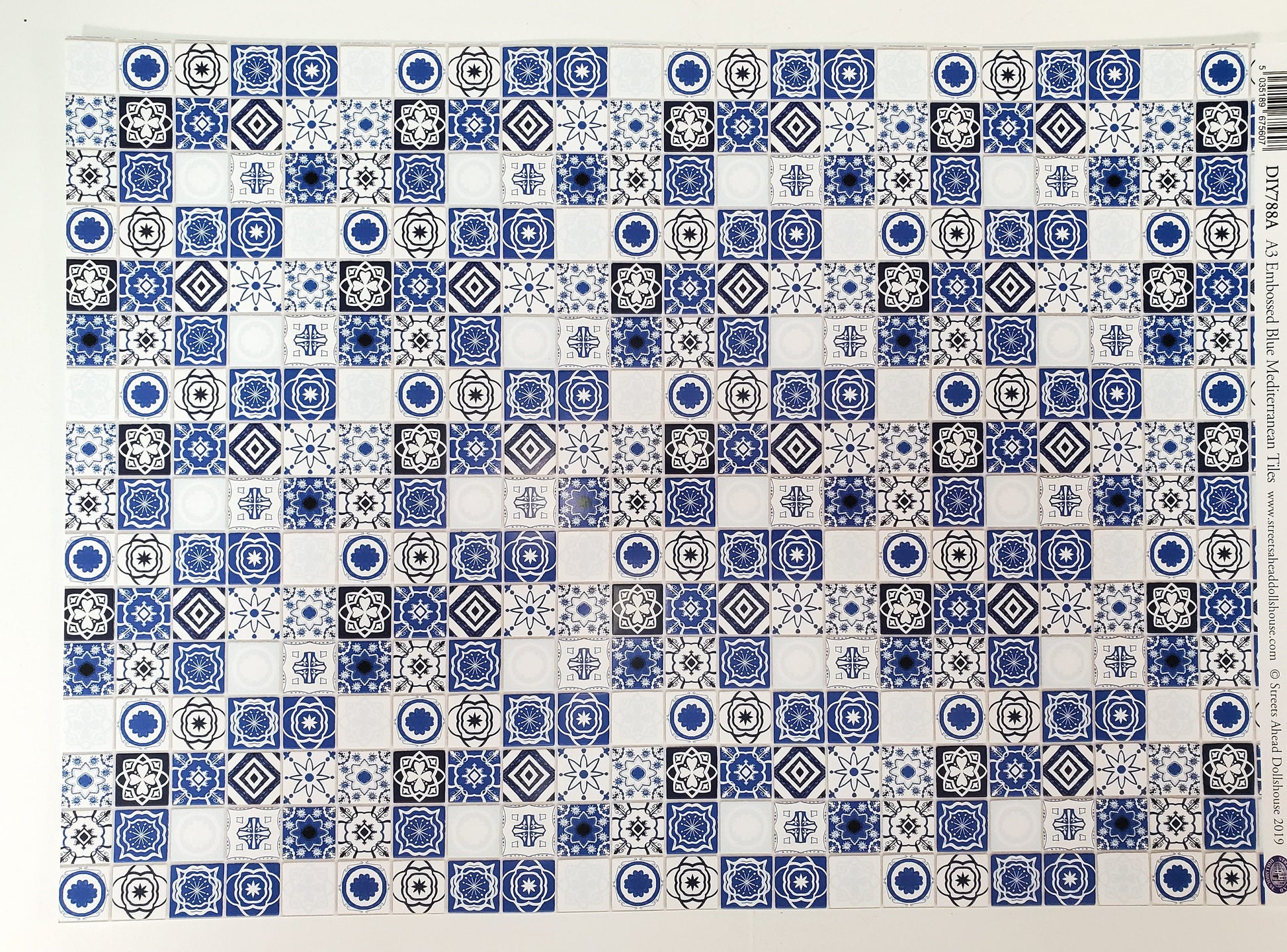 Dollhouse Blue and White Tile Square Mediterranean Style Embossed Card Miniature Flooring