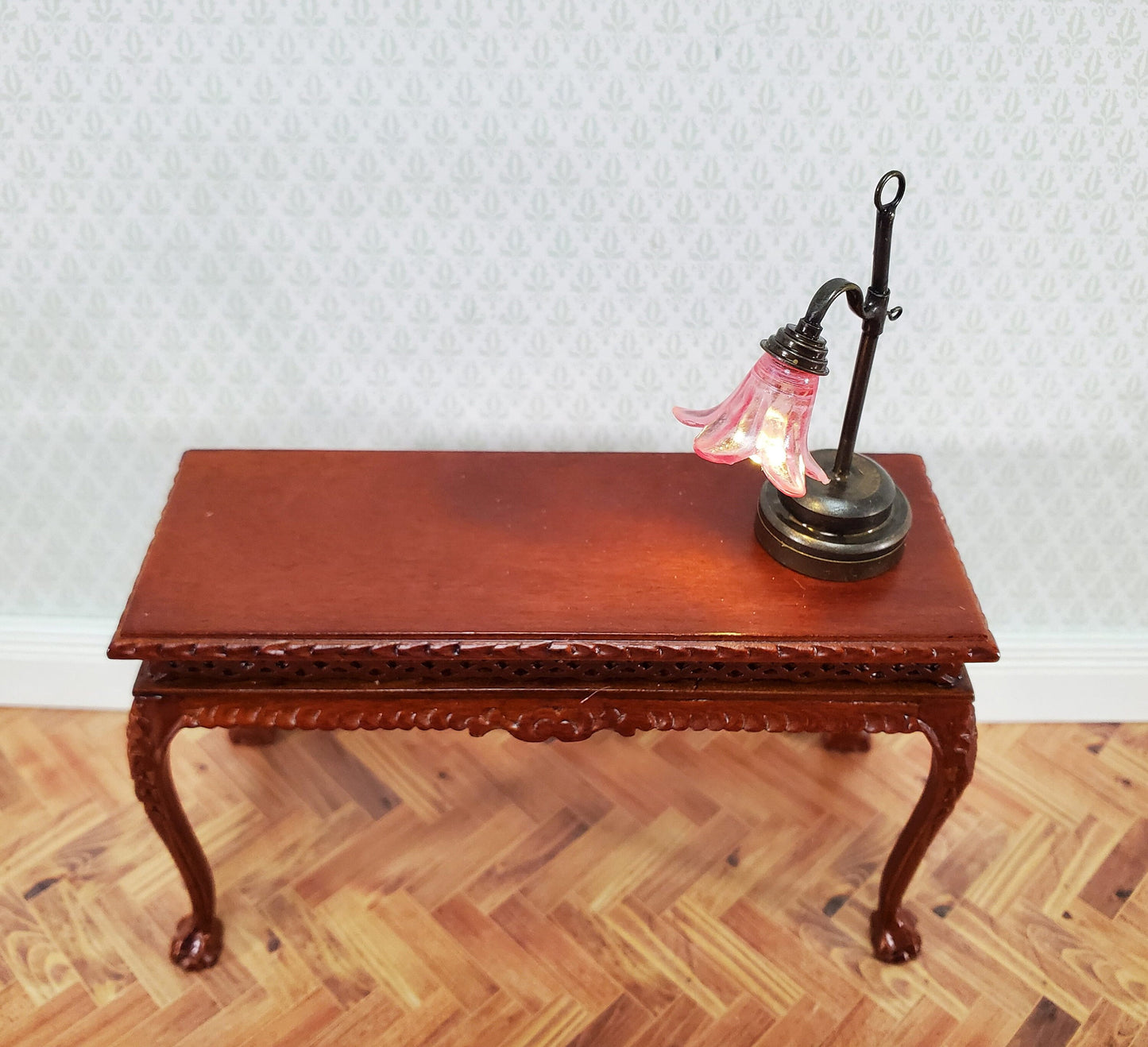 Dollhouse Battery Light Table Lamp Pink Flower Shade Bronze Base 1:12 Scale