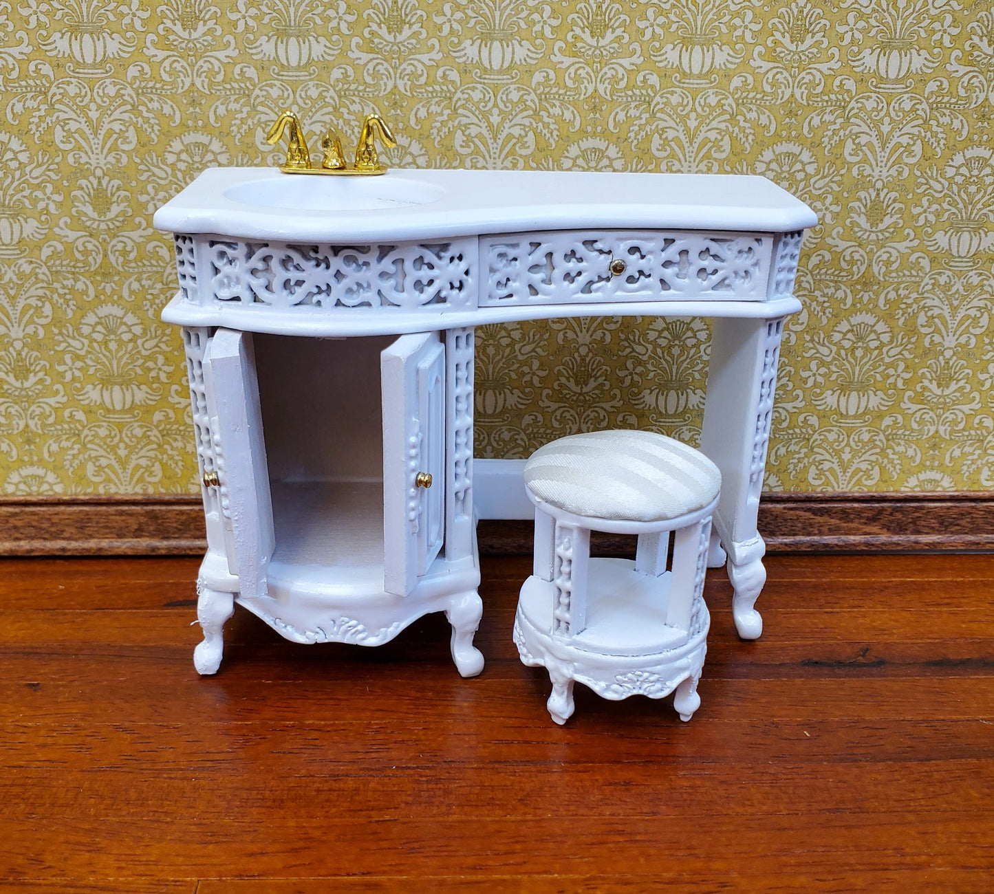 Dollhouse Bathroom Vanity Sink with Stool White Wood 1:12 Scale Miniature Furniture