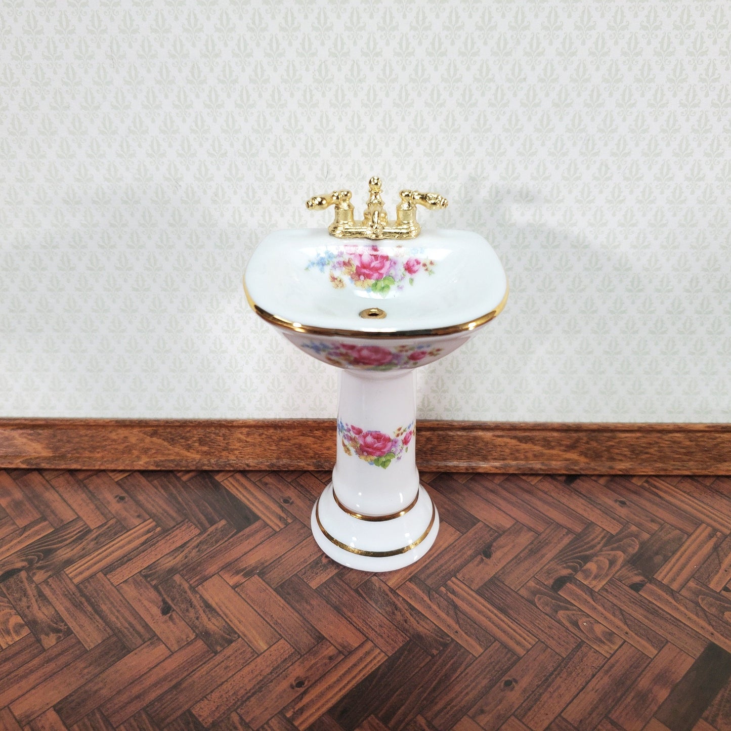 Dollhouse Pedestal Sink Bathroom Dresden Rose Reutter Porcelain 1:12 Scale Miniature