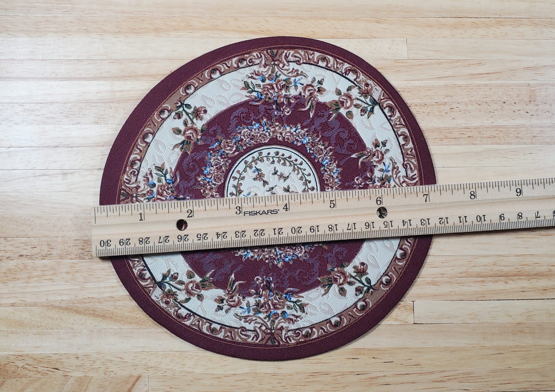 Dollhouse Round Rug Fabric Maroon & Beige Floral 1:12 Scale Miniature 7" Across