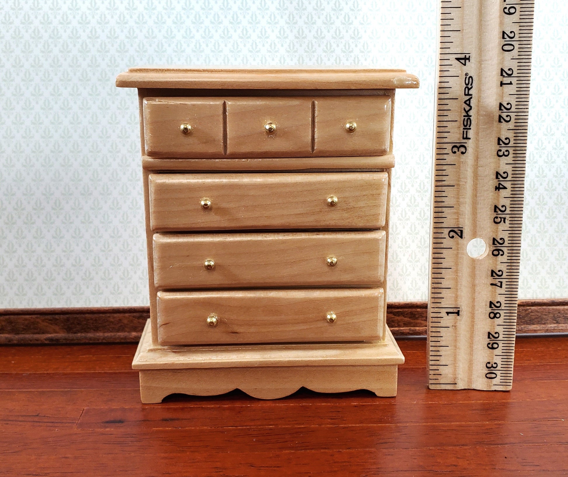 Dollhouse Miniature Dresser Chest Tall 4 Drawer 1:12 Scale Light Oak Finish