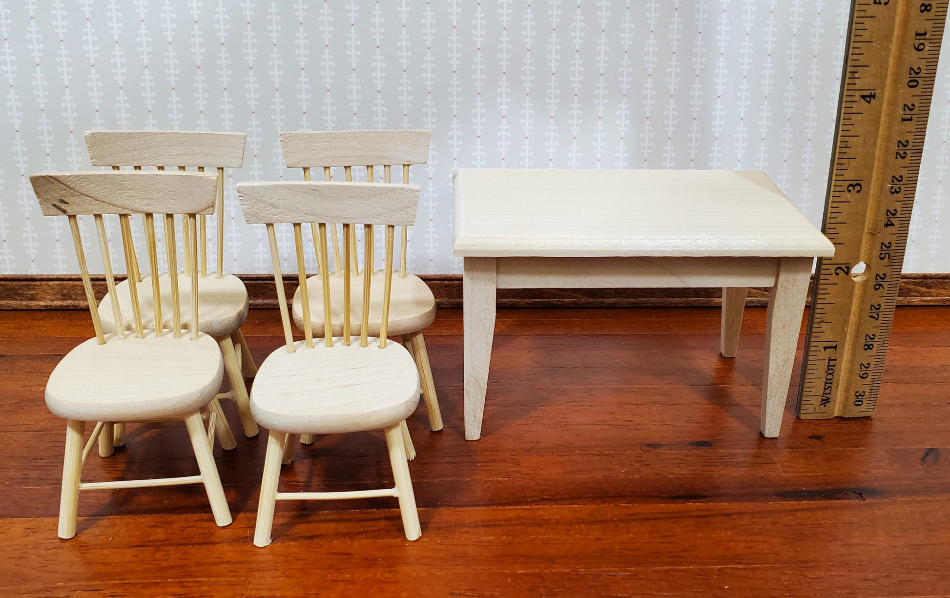 Dollhouse Kitchen Table with 4 Chairs Unpainted 1:12 Scale Miniature Furniture