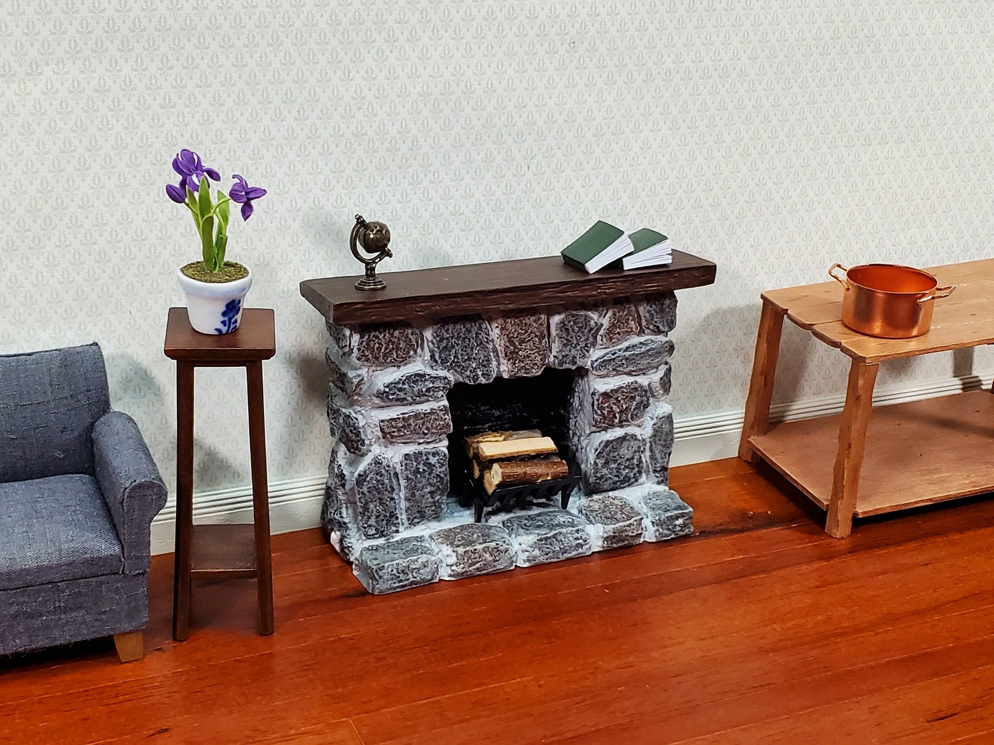 Dollhouse Fireplace with Mantel Gray Stone Fieldstone 1:12 Scale Miniature Furniture