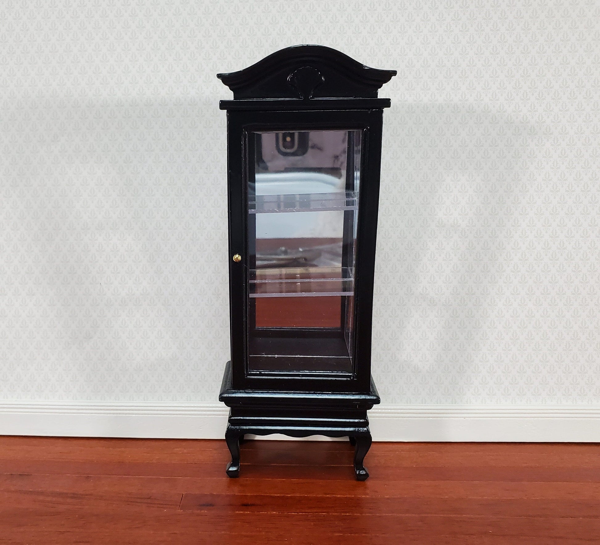 Dollhouse Curio Cabinet Mirrored Back Hutch Black Finish 1:12 Scale Miniature Furniture