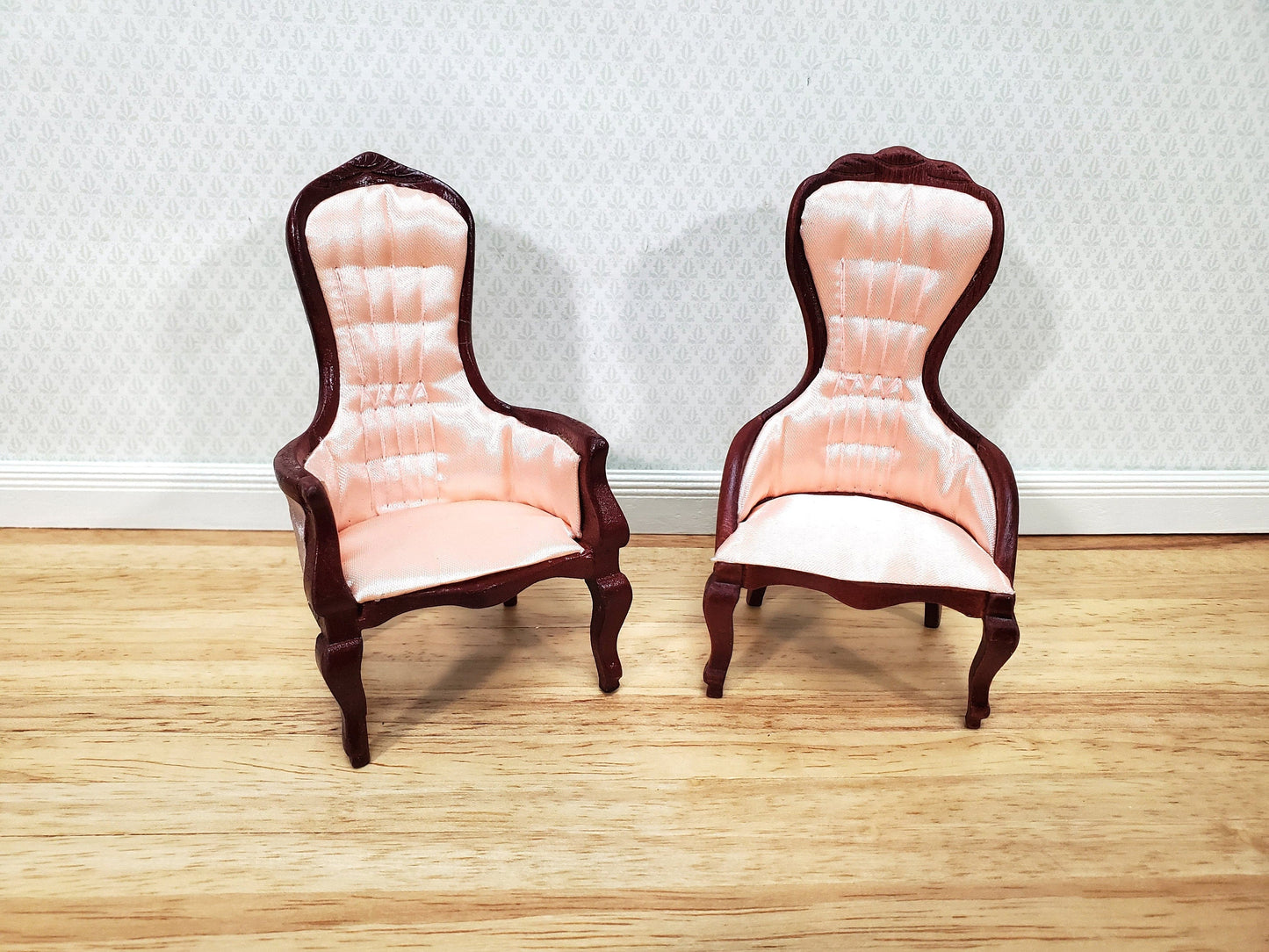 Dollhouse Ladies Chair Victorian Pink & Mahogany Finish 1:12 Scale Miniature Furniture