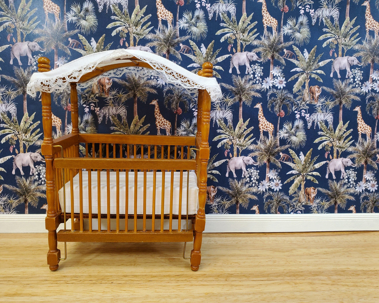 Dollhouse Wallpaper Jungle Print Elephants Tigers Zebras Navy Blue 3 Sheets