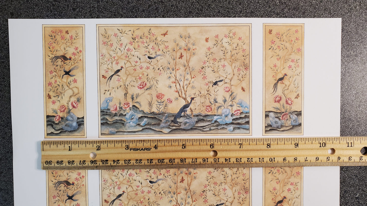 Dollhouse Mural Birds and Flowers Wall Panels 3 Pieces 1:12 Scale Wallpaper