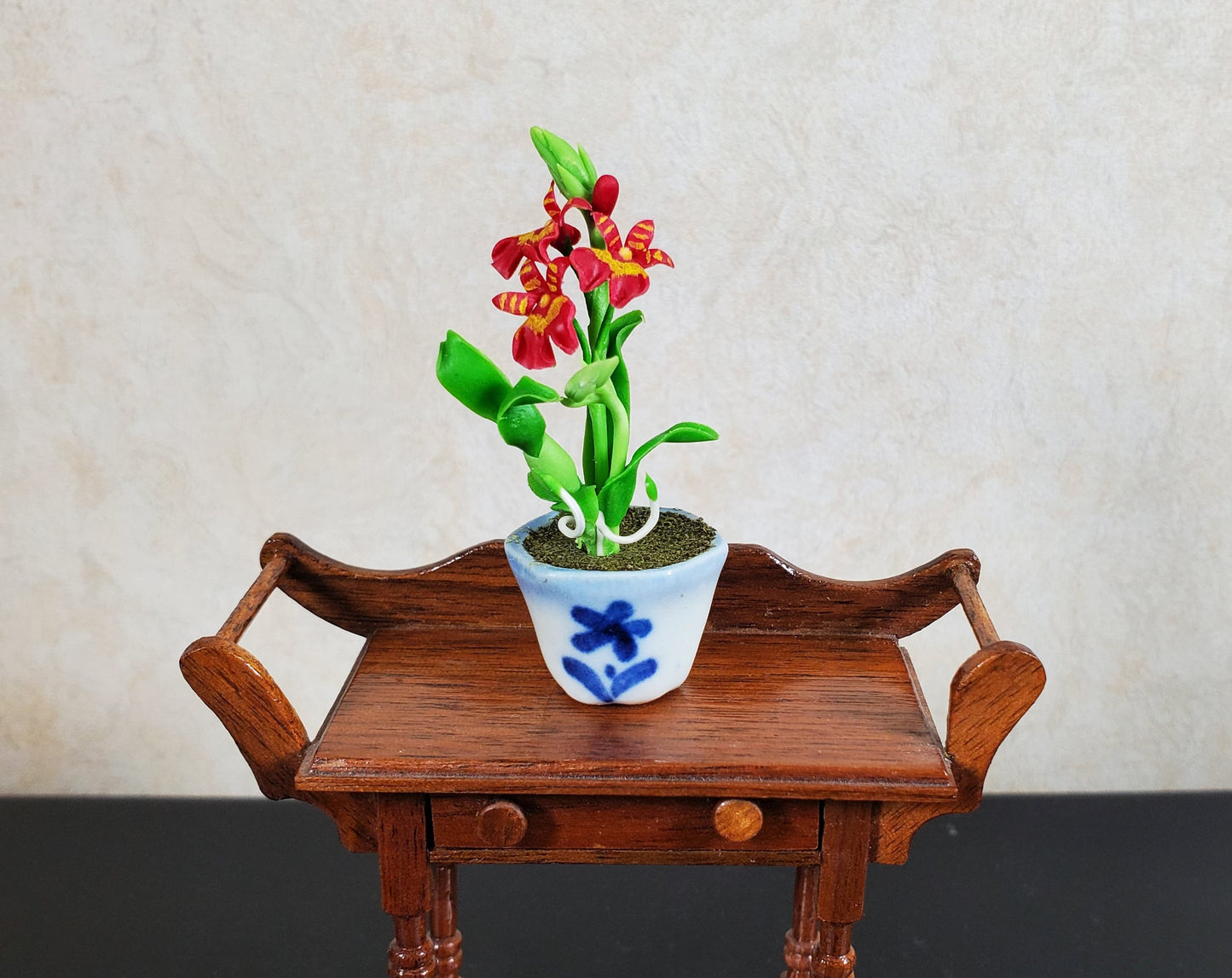 Dollhouse Orchid Flowers Plant in Ceramic Planter Red 1:12 Scale Miniature