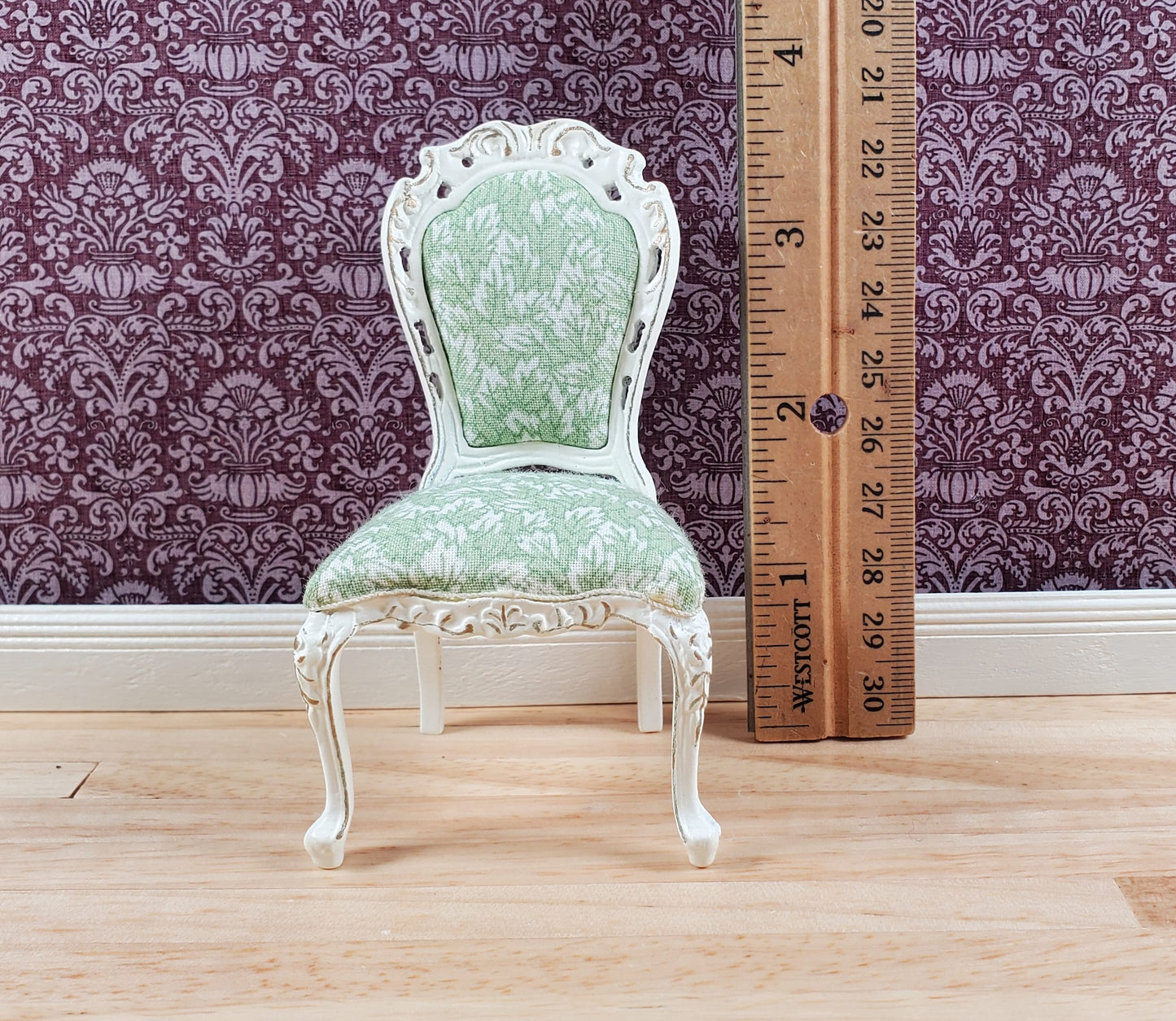 Dollhouse White & Gold Side Chair Green Fern Fabric 1:12 Scale Furniture Hansson