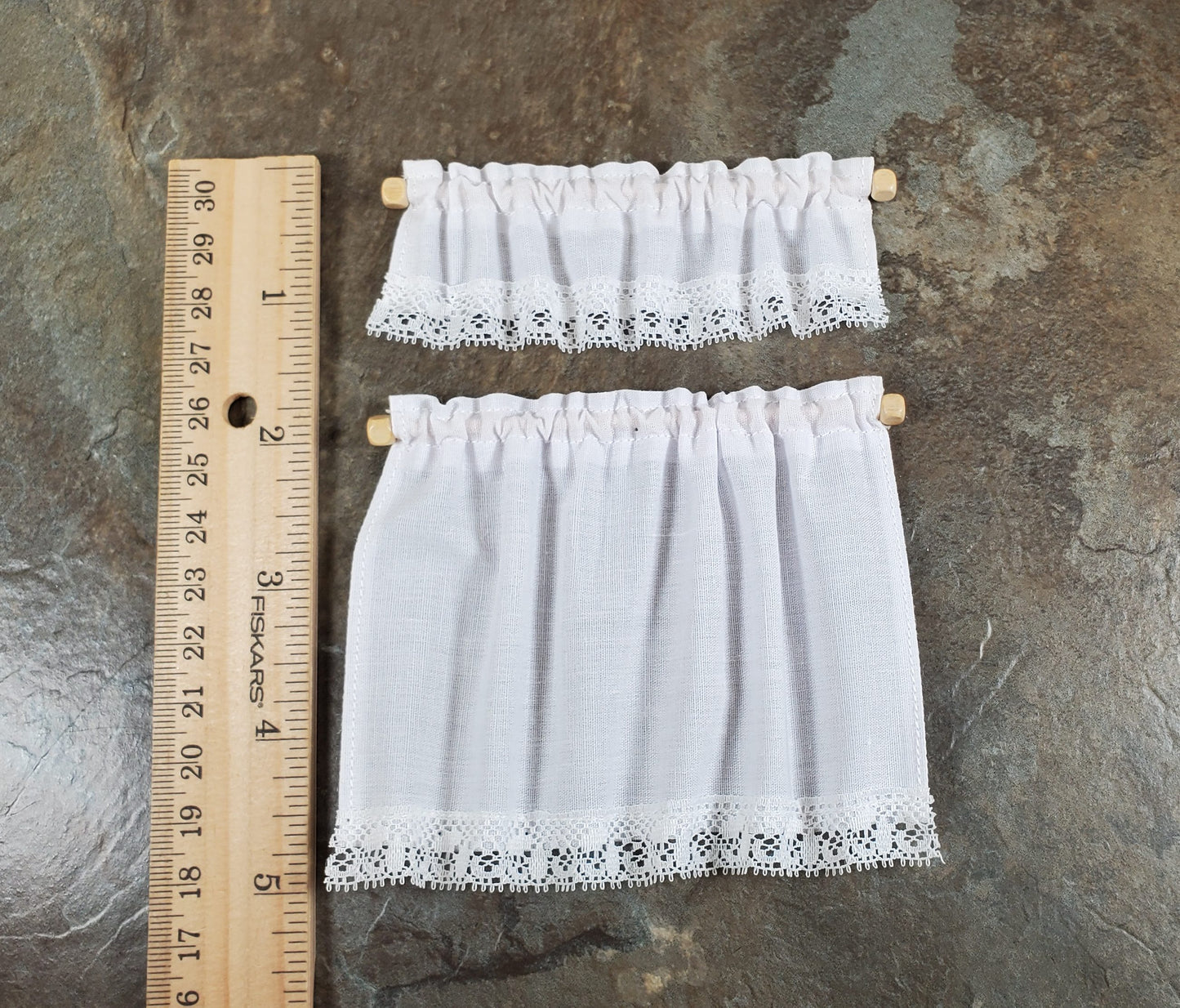 Dollhouse White Fabric Curtains & Valance Curtain Rod 1:12 Scale Miniature