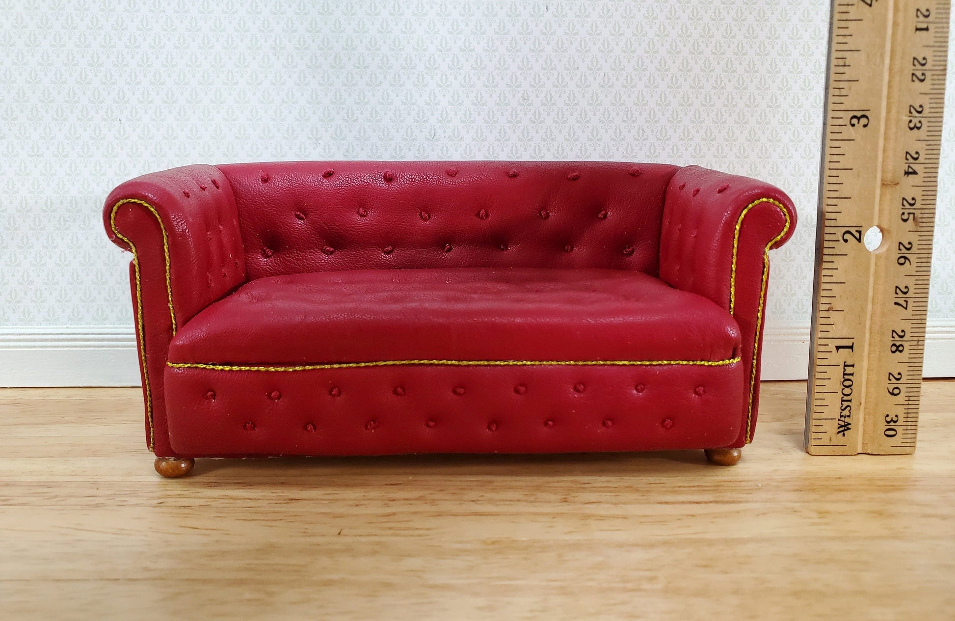 JBM Miniature Chesterfield Sofa Red Tufted Faux Leather 1:12 Scale Dollhouse Furniture