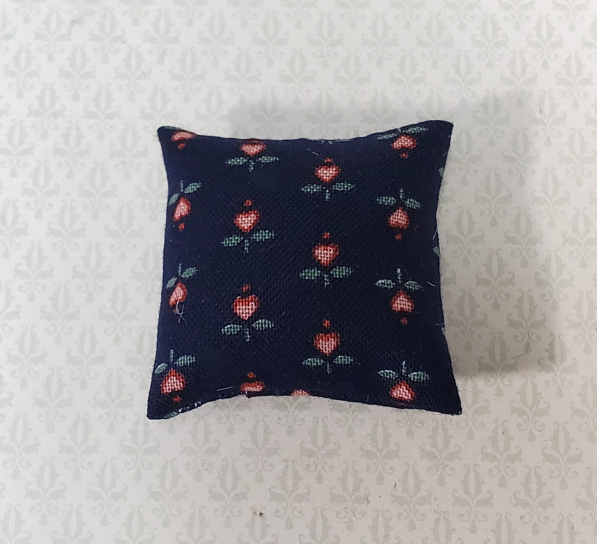Dollhouse Pillow Flower Hearts Print Black Pink Green Handmade 1:12 Scale Miniature 1 1/2"