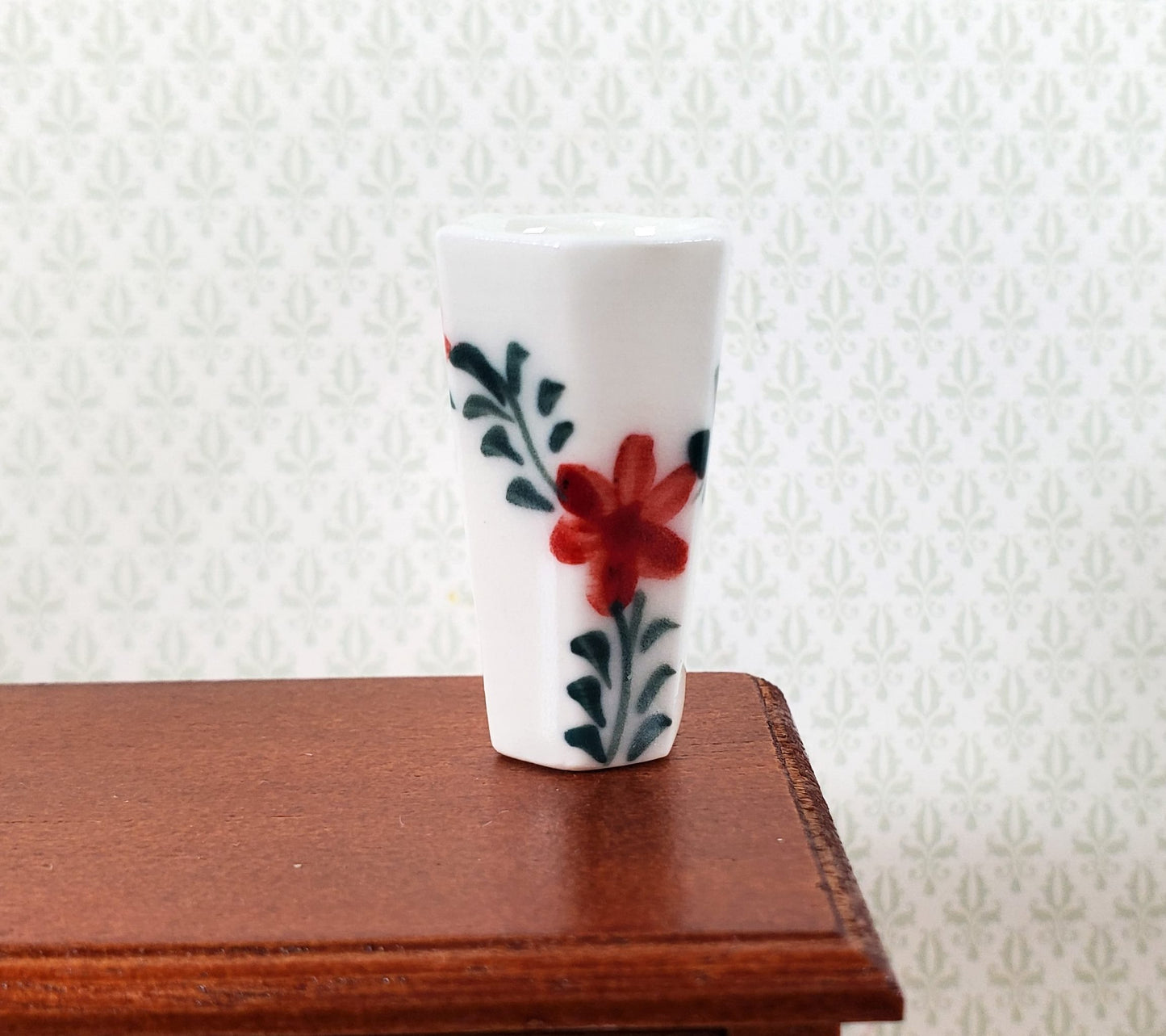 Dollhouse Large Vase White Ceramic Red Flower Design Use in 1:12 or 1/6 Scale