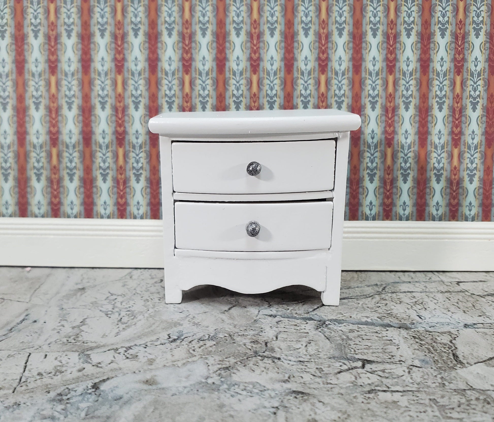 Dollhouse Side Table or Nightstand with 2 Drawers White 1:12 Scale Miniature Furniture