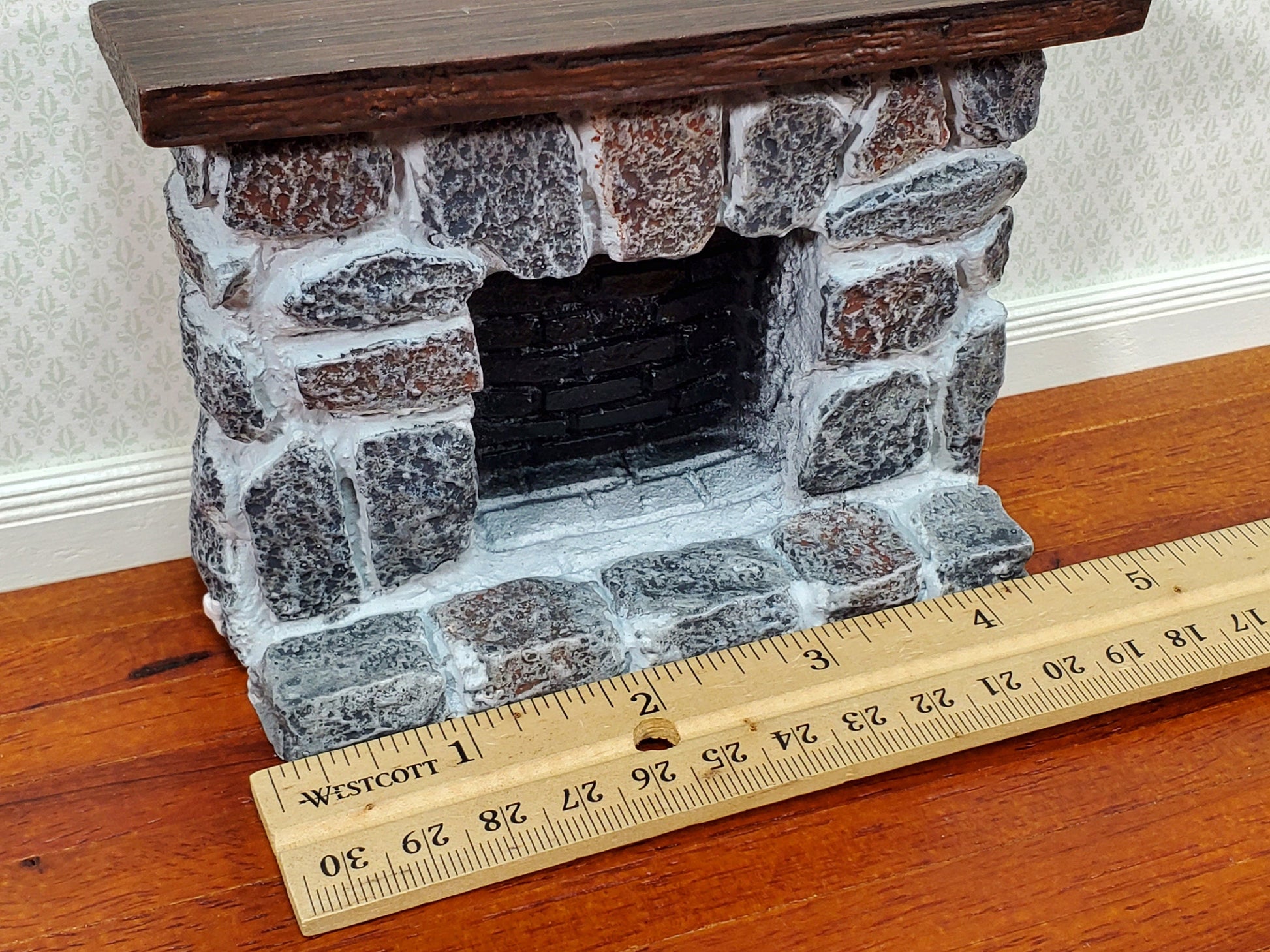 Dollhouse Fireplace with Mantel Gray Stone Fieldstone 1:12 Scale Miniature Furniture