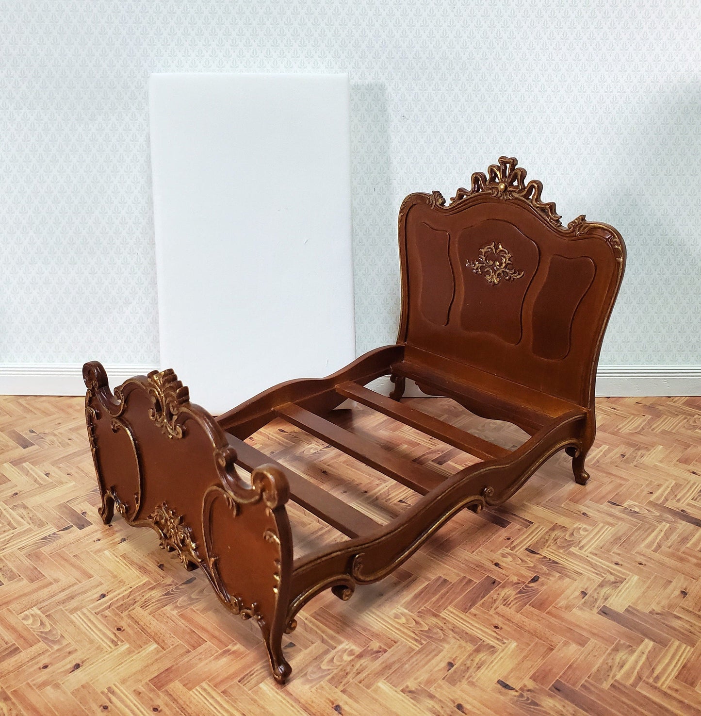 JBM Dollhouse Bed Late Victorian Era Style 1:12 Miniature Furniture Walnut Finish