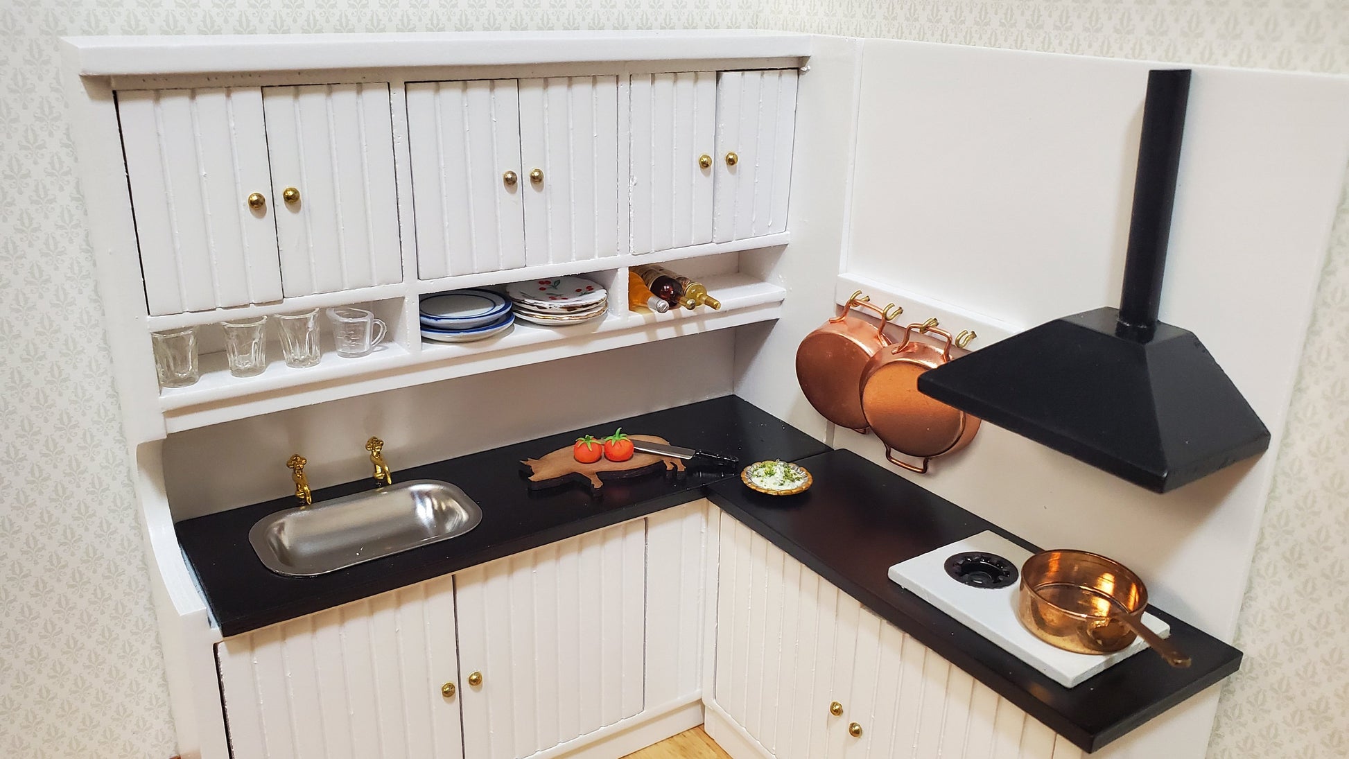 Dollhouse Corner Kitchen Set WHITE Sink Stove Top Cabinets 1:12 Scale Miniature