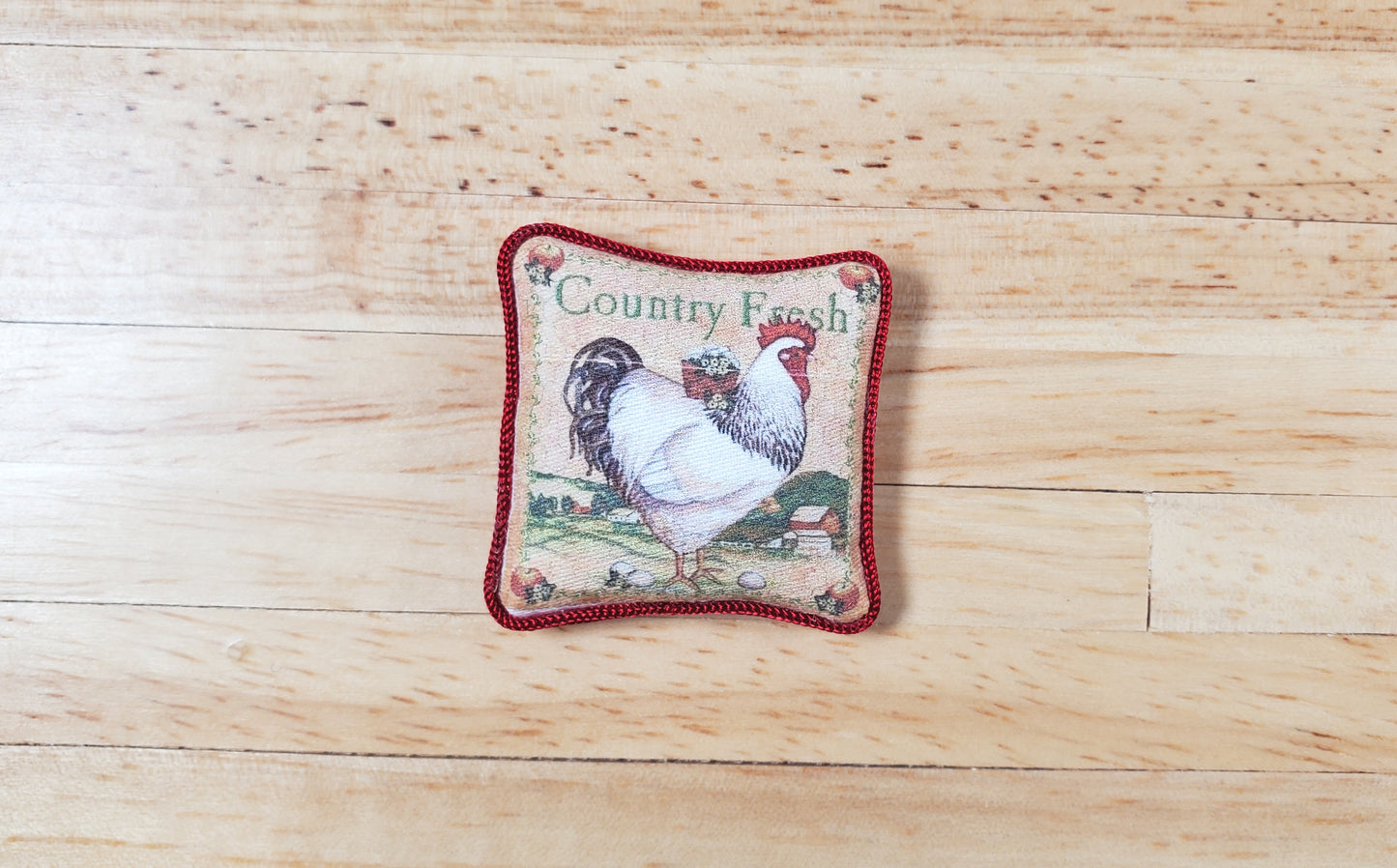 Dollhouse Country Rooster Pillow Red Trim Handmade 1:12 Scale Miniature