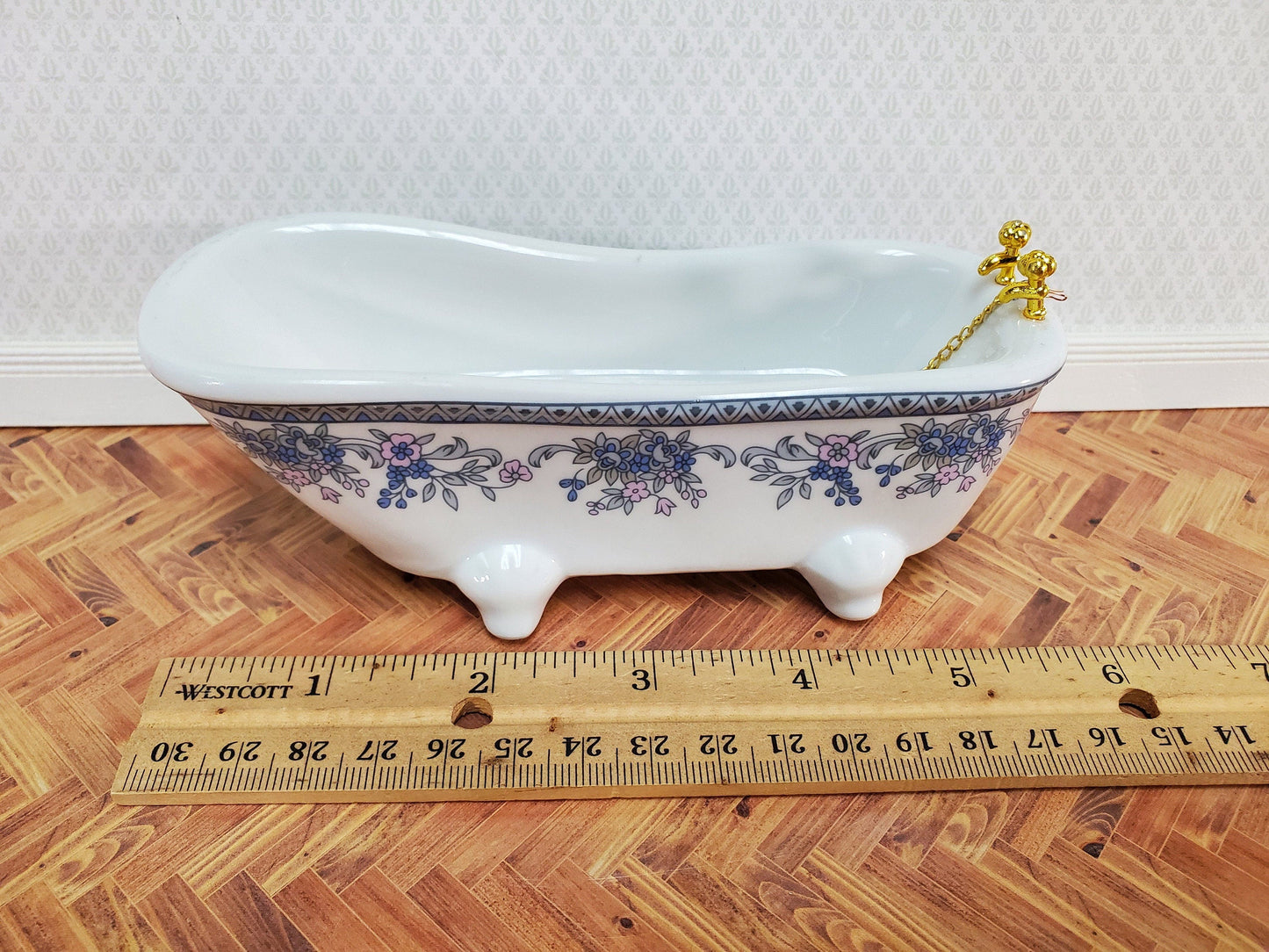 Dollhouse Bathroom Set White & Blue Ceramic Tub Toilet Sink 1:12 Scale Miniature