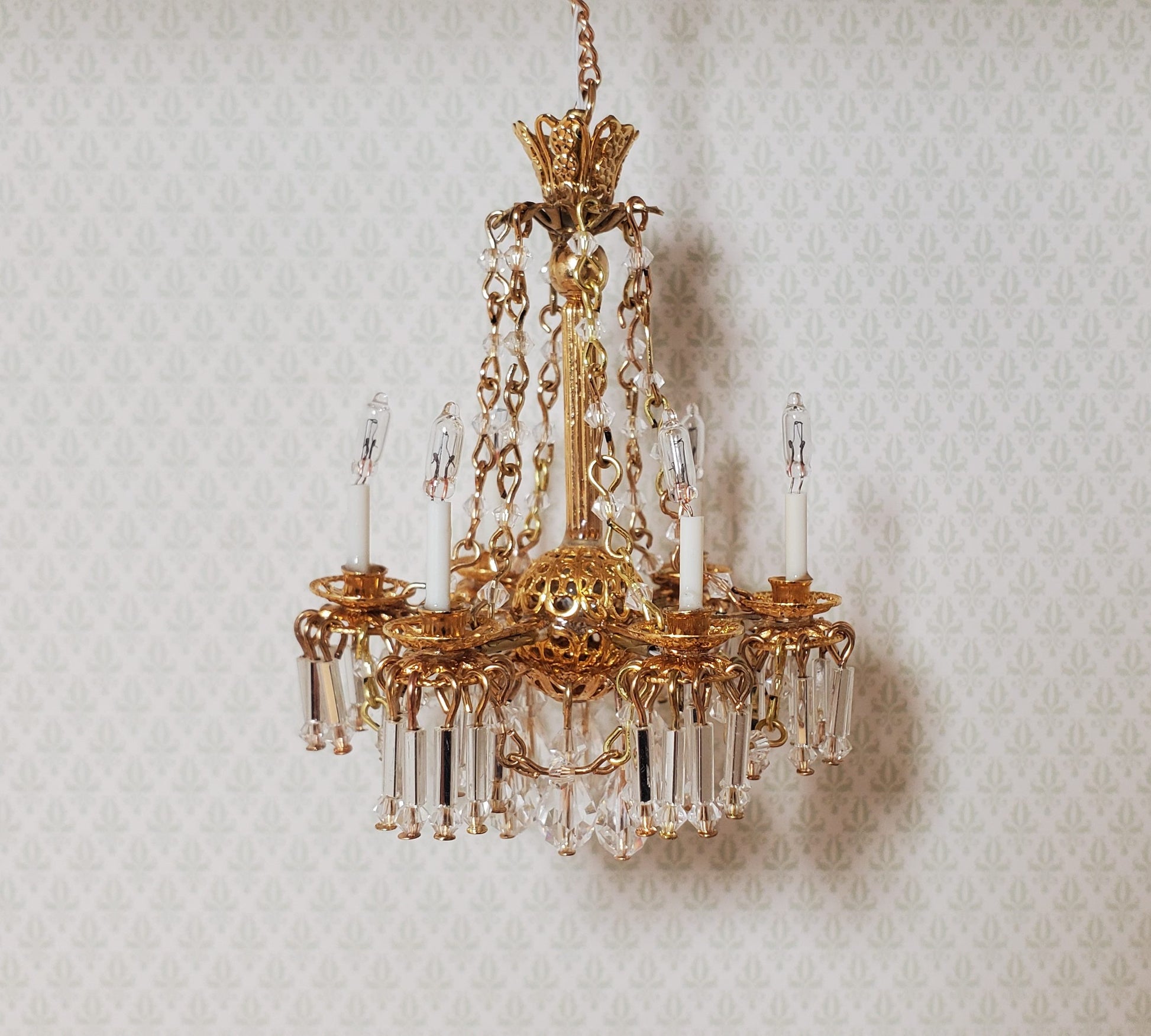 Dollhouse Crystal Chandelier with Drapes 6 Arm Real Glass 12 Volt 1:12 Scale
