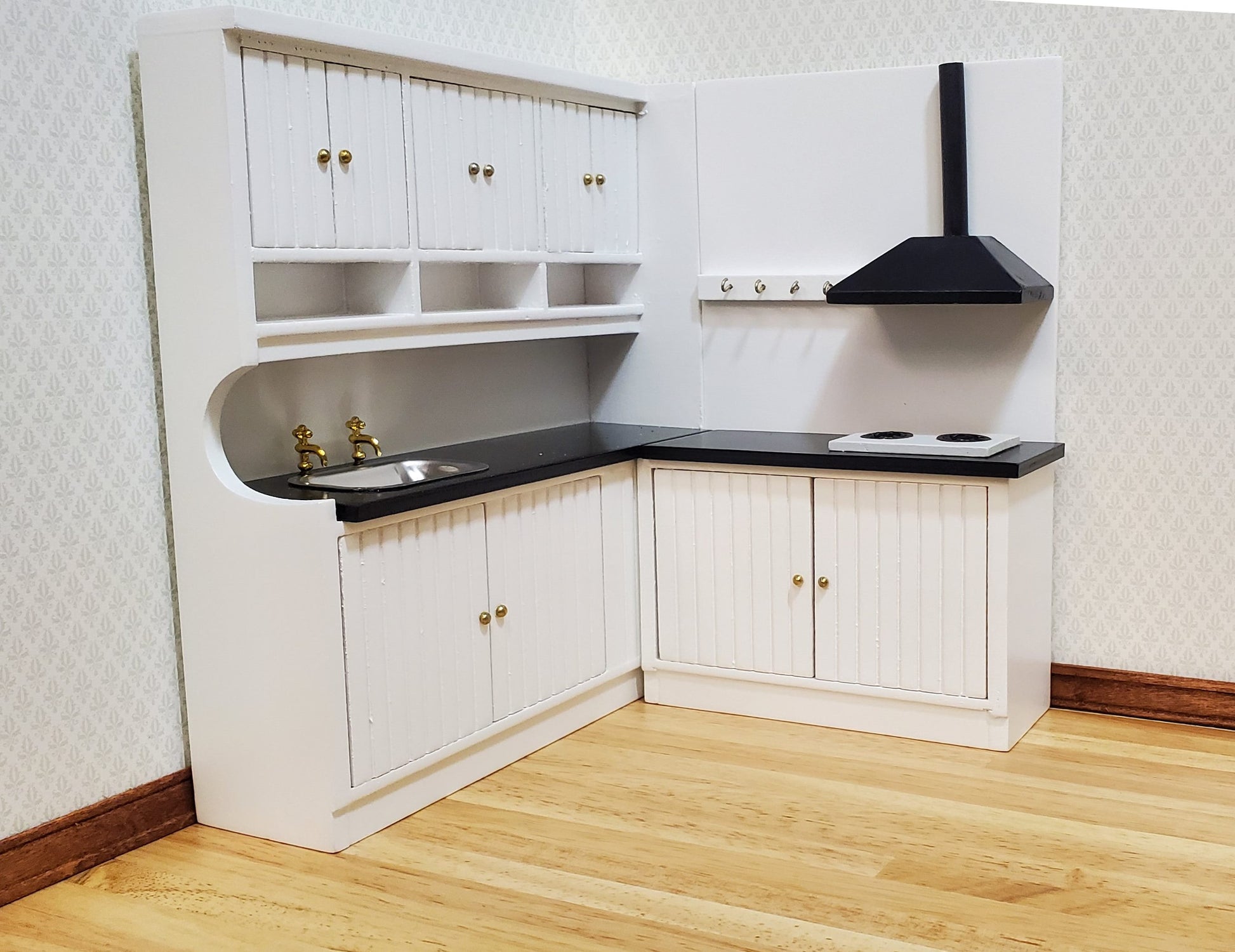 Dollhouse Corner Kitchen Set WHITE Sink Stove Top Cabinets 1:12 Scale Miniature