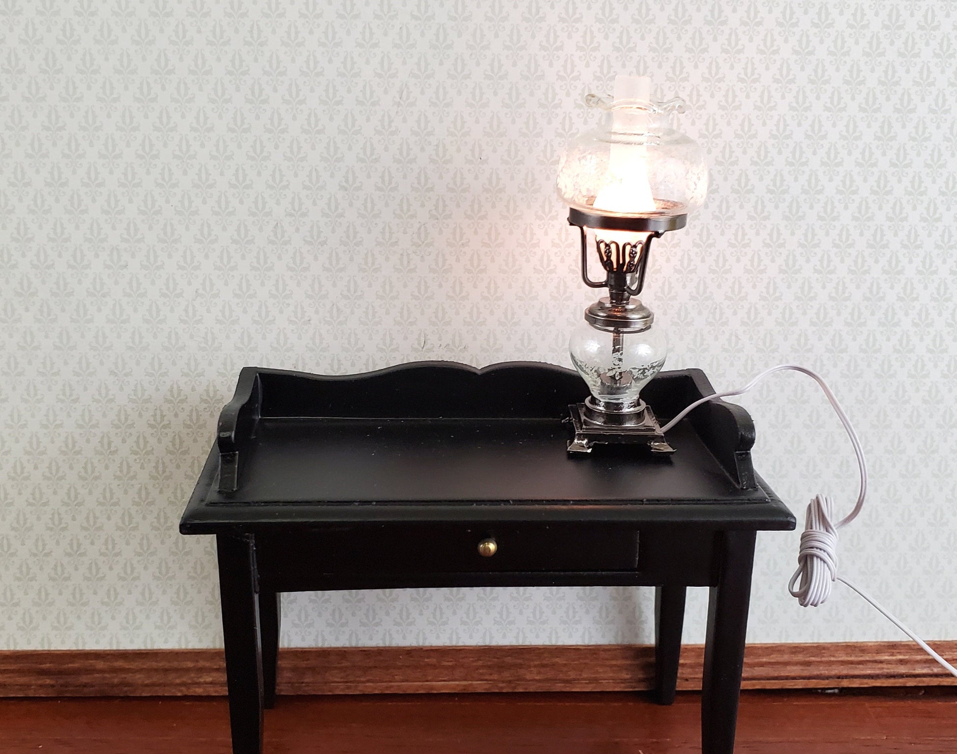 Dollhouse Hurricane Oil Lamp 12 Volt Light w/ Plug 1:12 Scale Vintage Style Pewter Finish