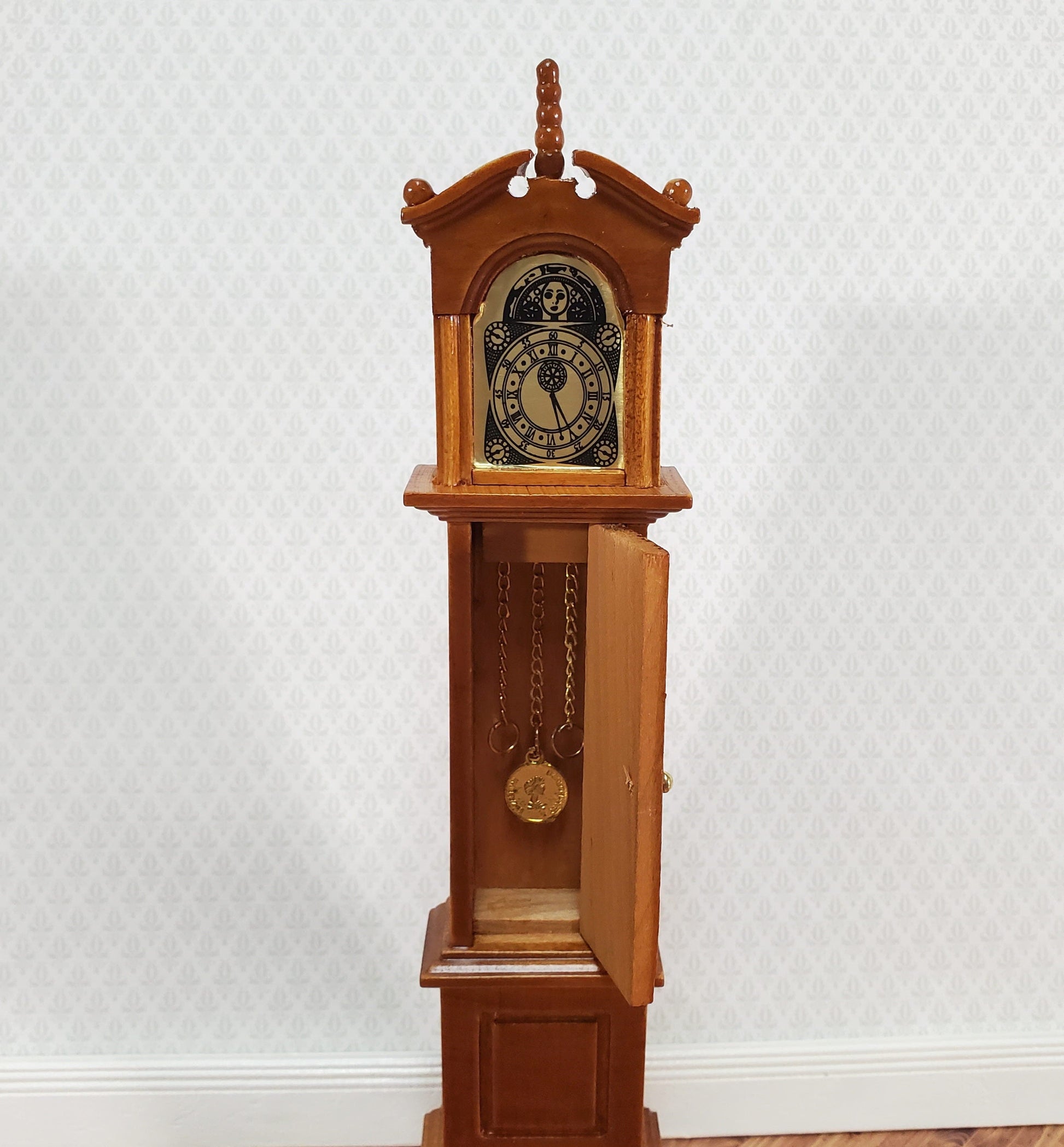 Dollhouse Grandfather Clock Opens Walnut Finish 1:12 Scale Miniature Furniture