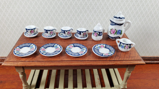 Dollhouse Coffee Set with Plates Blue Lace Design Ceramic 1:12 Scale Miniature